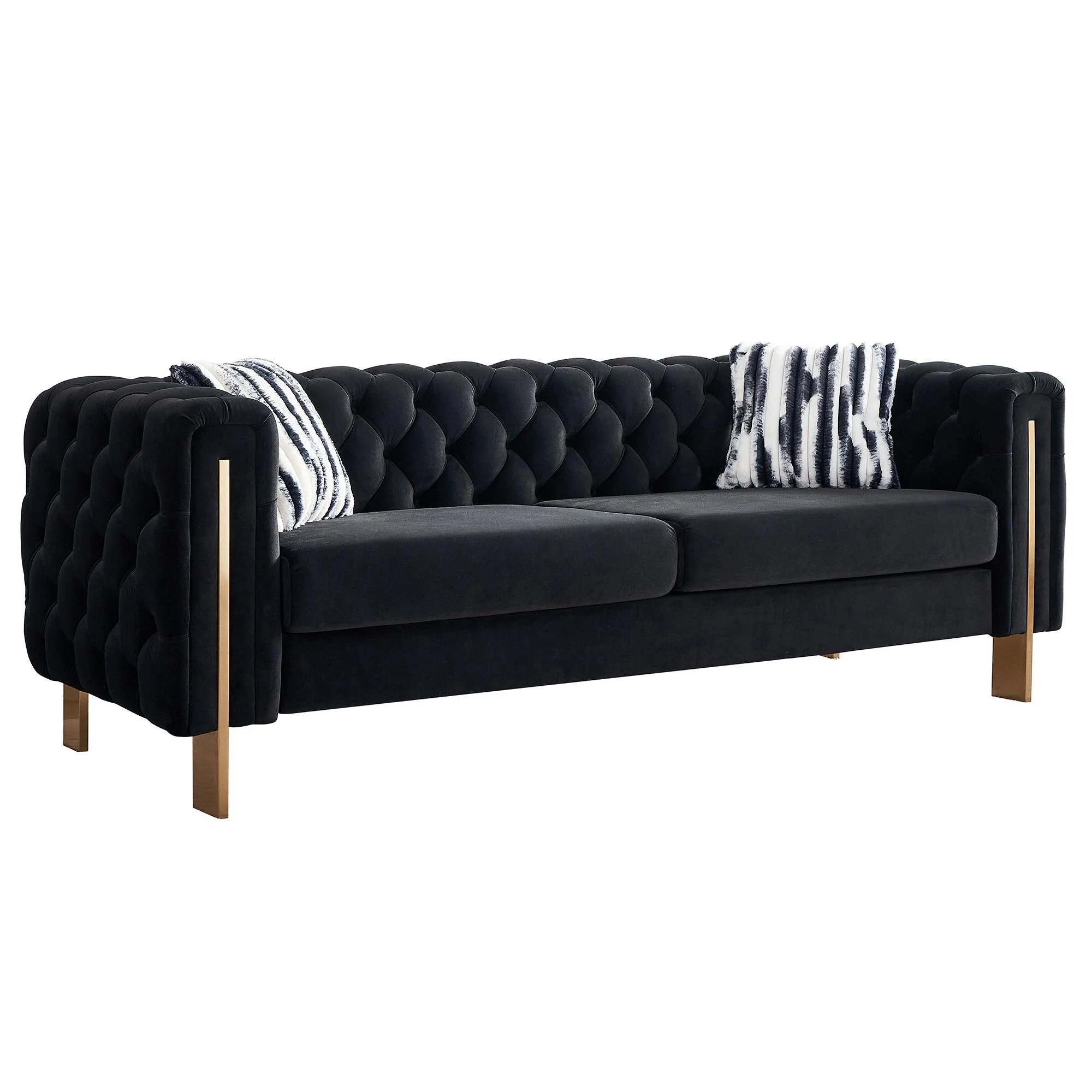 Gewnee Chesterfield Velvet Sofa,Button Tufted 3 Seater Sofa Couch with Metal Legs&Two Pillows,Black