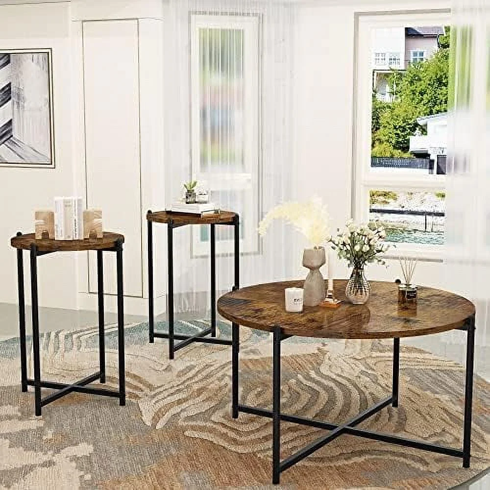 JDZHAPPYLIFE Faux Marble Coffee Table Set of 3  Round Coffee Table & 2pcs End Table with Metal Frame Sofa Side Tables Perfect for Living Room Apartment Accent