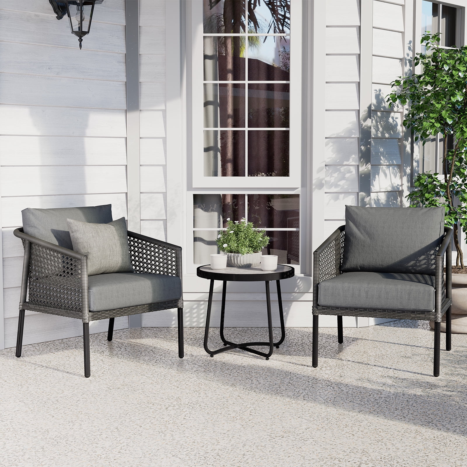 Grand Patio Outdoor Furniture Wicker 3 Pieces Set, 2 Chairs and 1 Table, Gray
