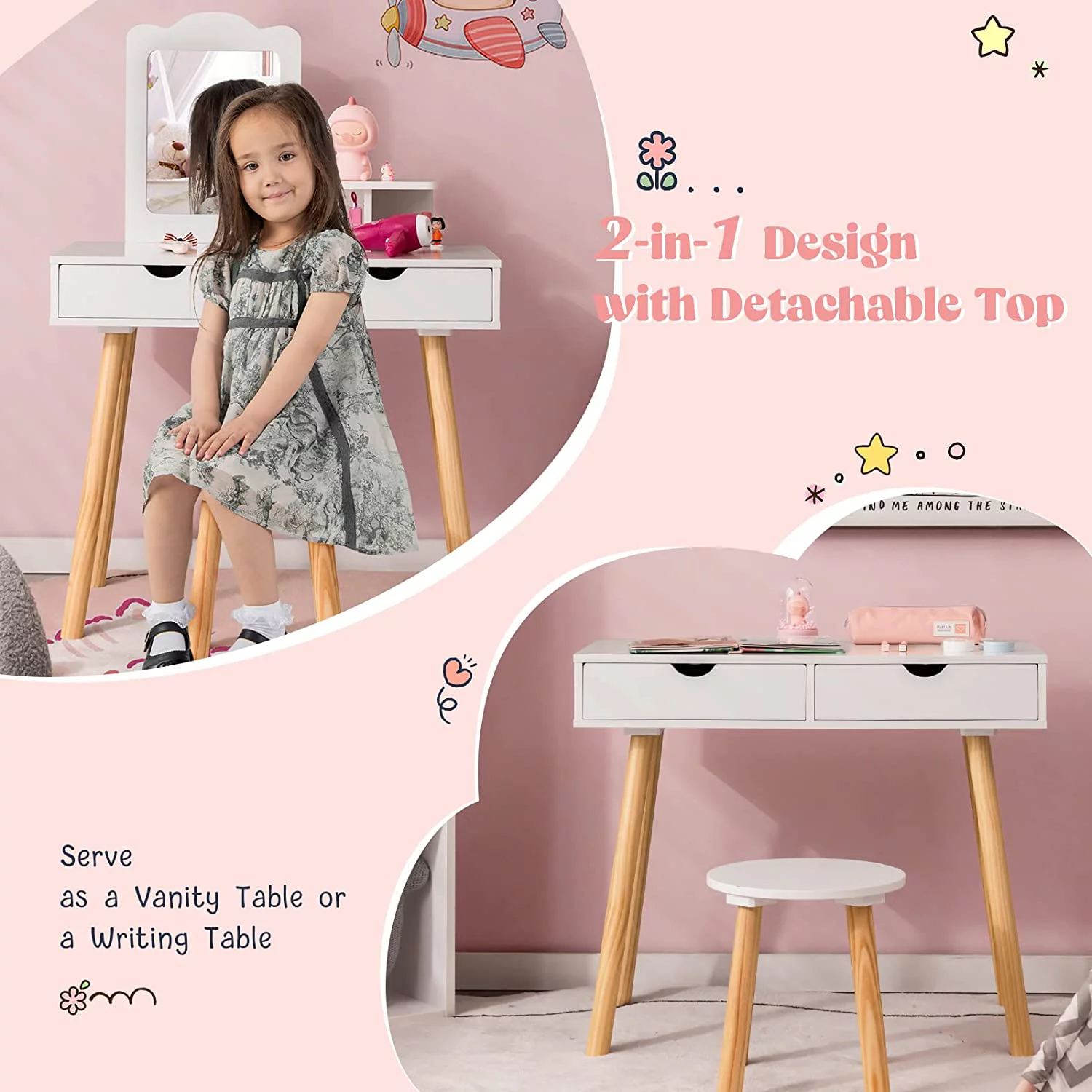 ZFGSUIJN Vanity  Toddler Dressing Table & Chair for Bedroom  2  Drawer & Square Mirror  Princess  Vanity Set for Little Girls Age 3+  Wood Girls Vanity Set w/Mirror and Stool  Whi