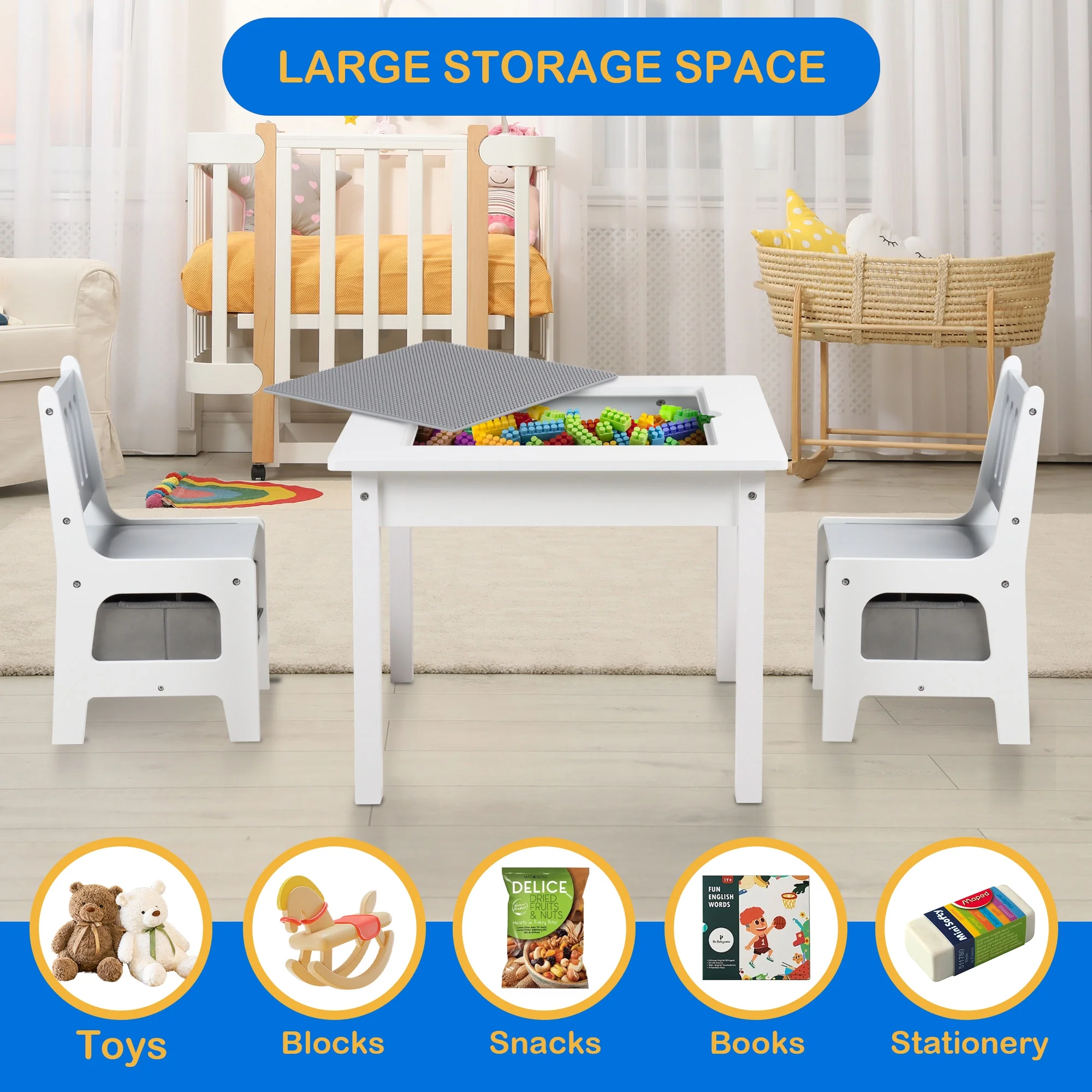 AILEEKISS Kids Table and Chair Set, 2 in 1 Toddler Activity Table, Lego Block Play Table, Grey