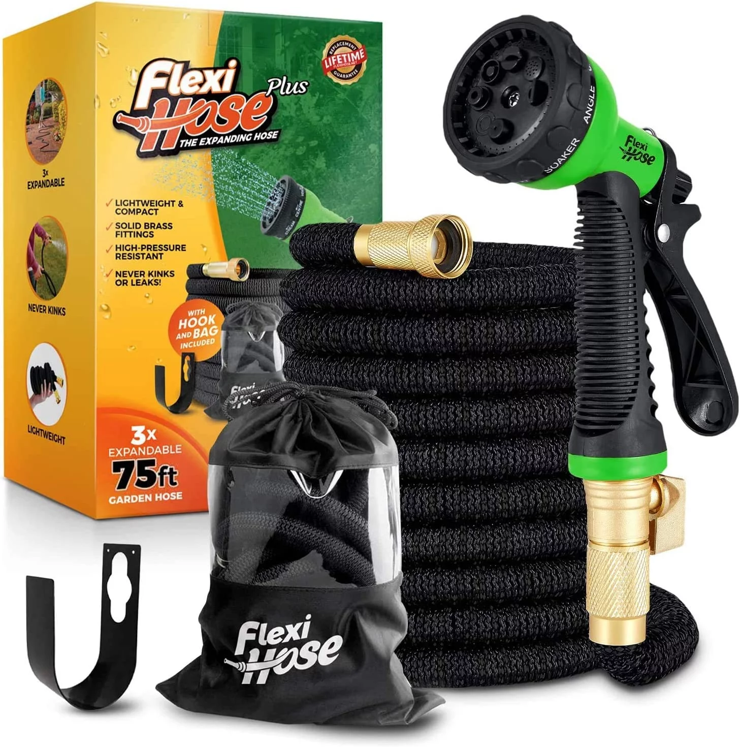Flexi Hose PLUS with 8 Function Nozzle Expandable Garden Hose, Lightweight & No-Kink Flexible Garden Hose, 3/4 inch Solid Brass Fittings and Double Latex Core, 75 ft Black