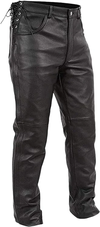 First Mfg Co - Baron - Men's Motorcycle Biker Riding Black Leather Pants - Size 34 - Side Lacing Detail Zipper Down The Legs
