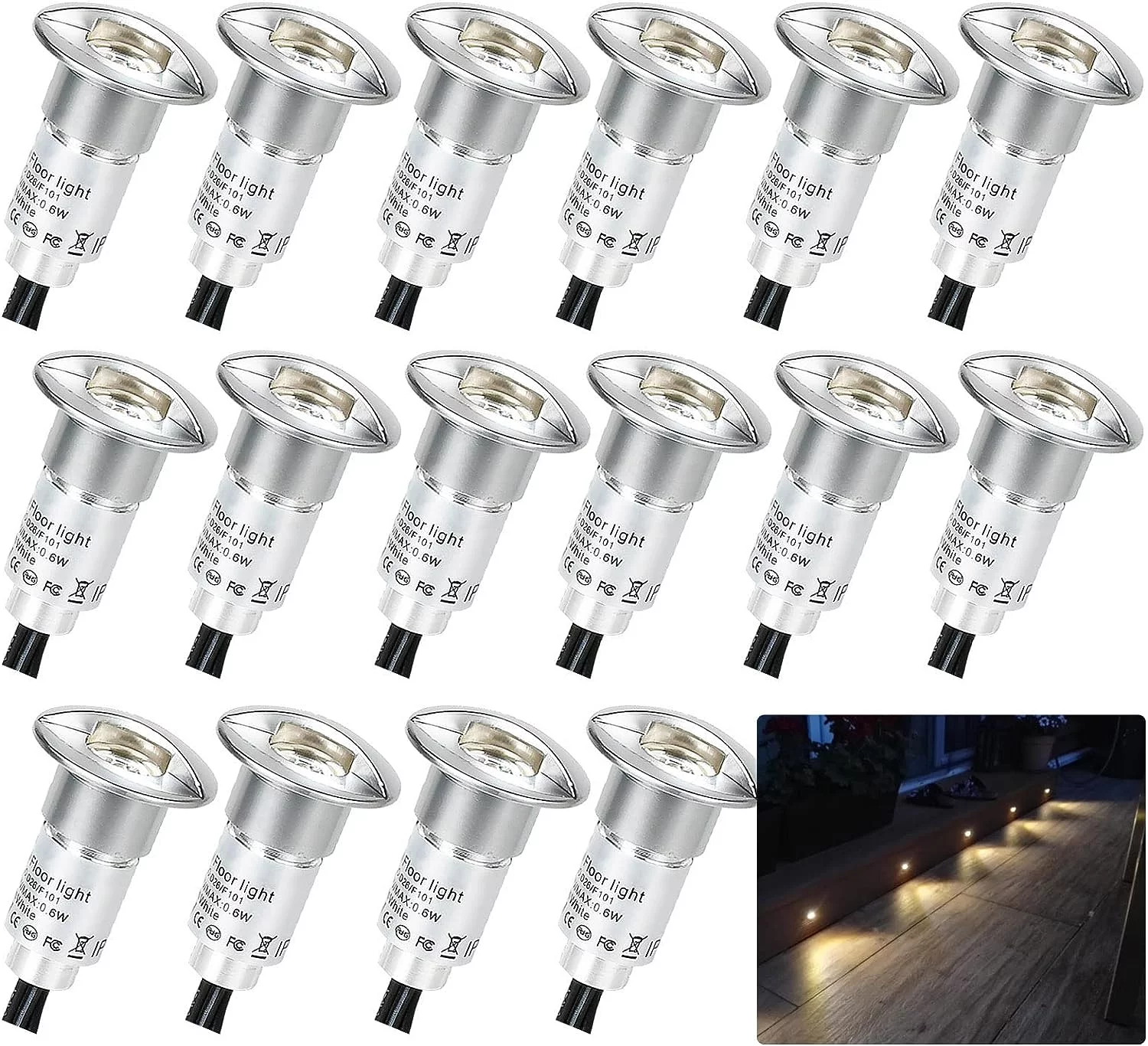 Aluminum Recessed LED Lights Kit 16 Pack, Φ1.02 inch/26mm Outdoor Deck Stair Lights 12V Low Voltage Waterproof Landscape Lighting 3000K Warm White for Wall Deck Steps Walkway Driveway Backyard
