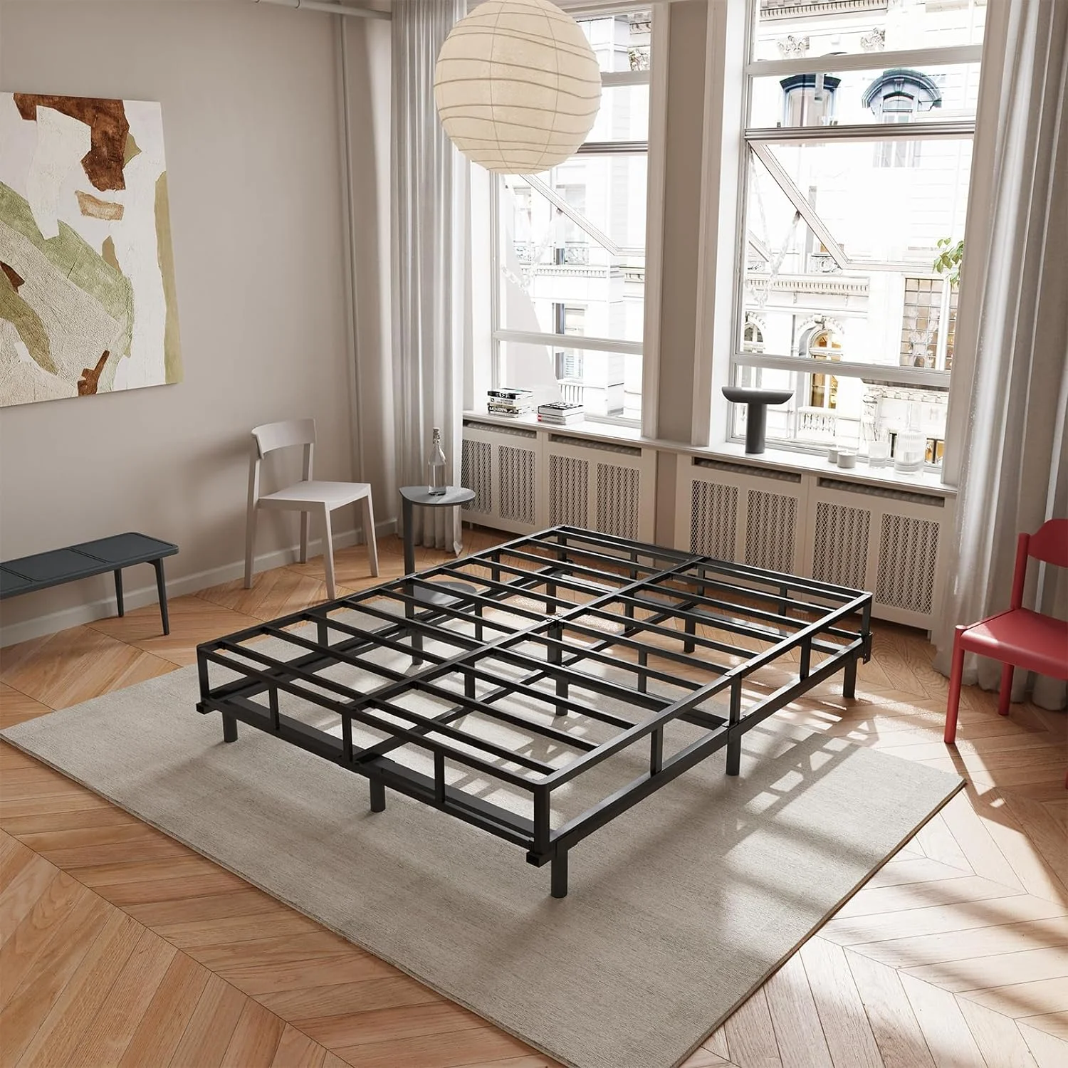 YILAN Queen Box Spring，5 Inch Low Profile Metal Boxspring with Non-Slip Fabric Bed Cover, Sturdy Heavy Duty Steel Structure Bed Base, Noise-Free Mattress Foundation, Easy Assembly，Black