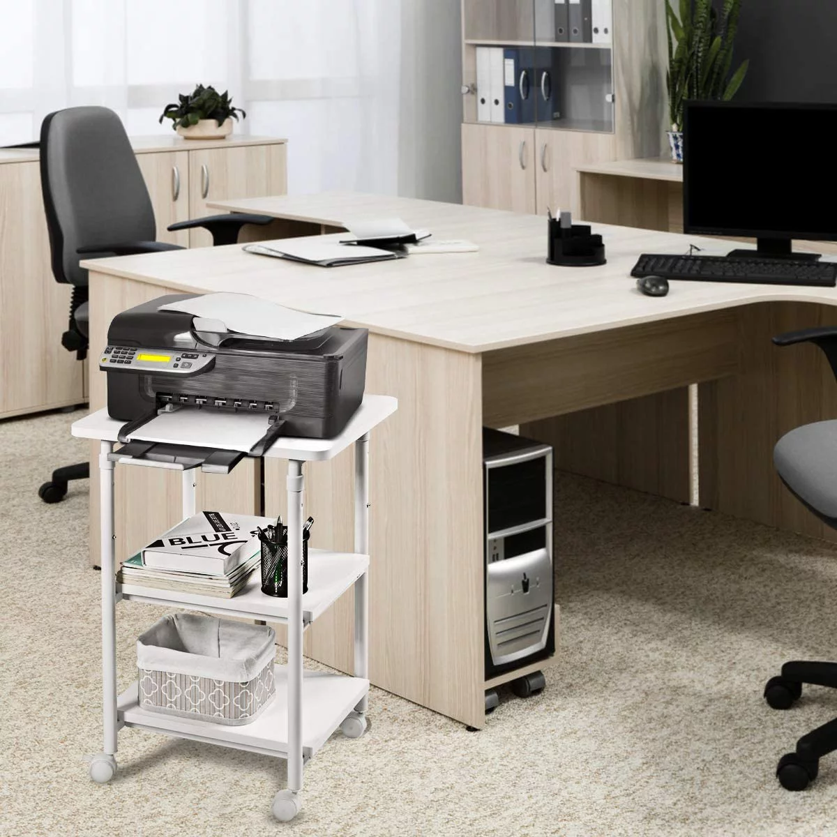 3-Tier Adjustable Printer Stand, Rolling Printer Cart with 2 Storage Shelves, Mobile Machine Stand Storage Rack for Home Office