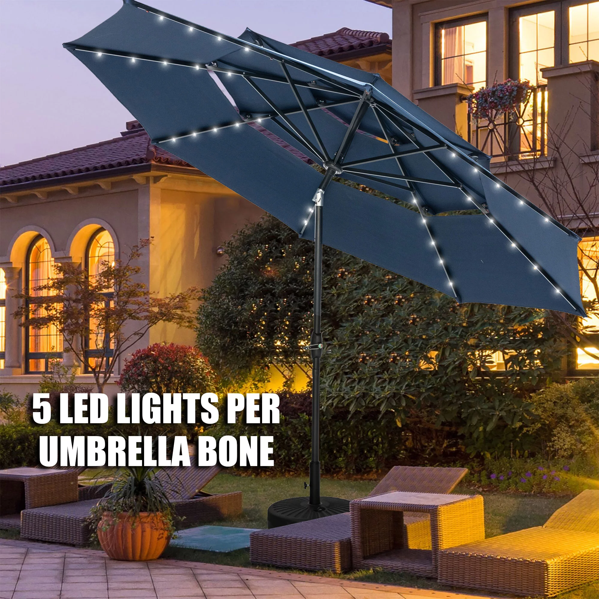 Autlaycil 10Ft 3 Tiers Patio Umbrellas Solar 40 LED Lighted Umbrella with 8 Ribs Patio Table Umbrella, Blue