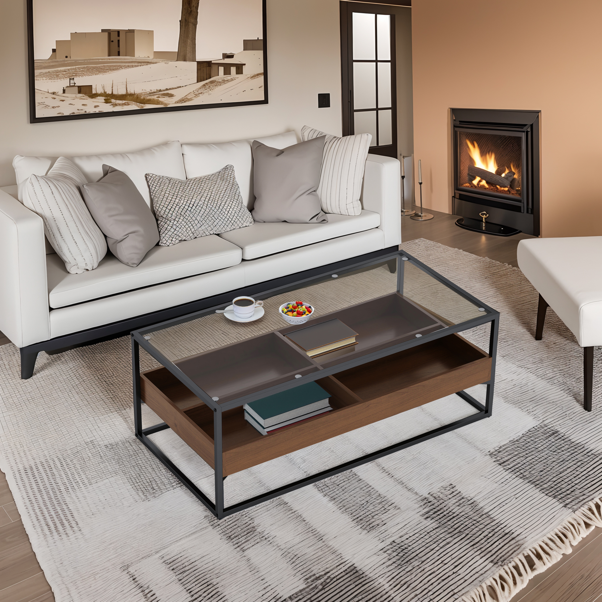 Smilegend Modern Rectangle Glass Coffee Table with Storage Shelf and Metal Legs - High Quality Materials - Space Saving Design - Easy to Assemble and Clean - 47.24