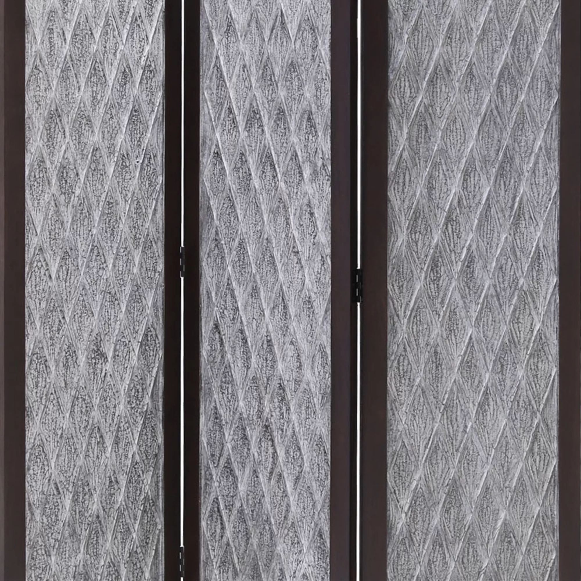 Wooden 3 Panel Room Divider with Textured Diamond Pattern, Gray and Black