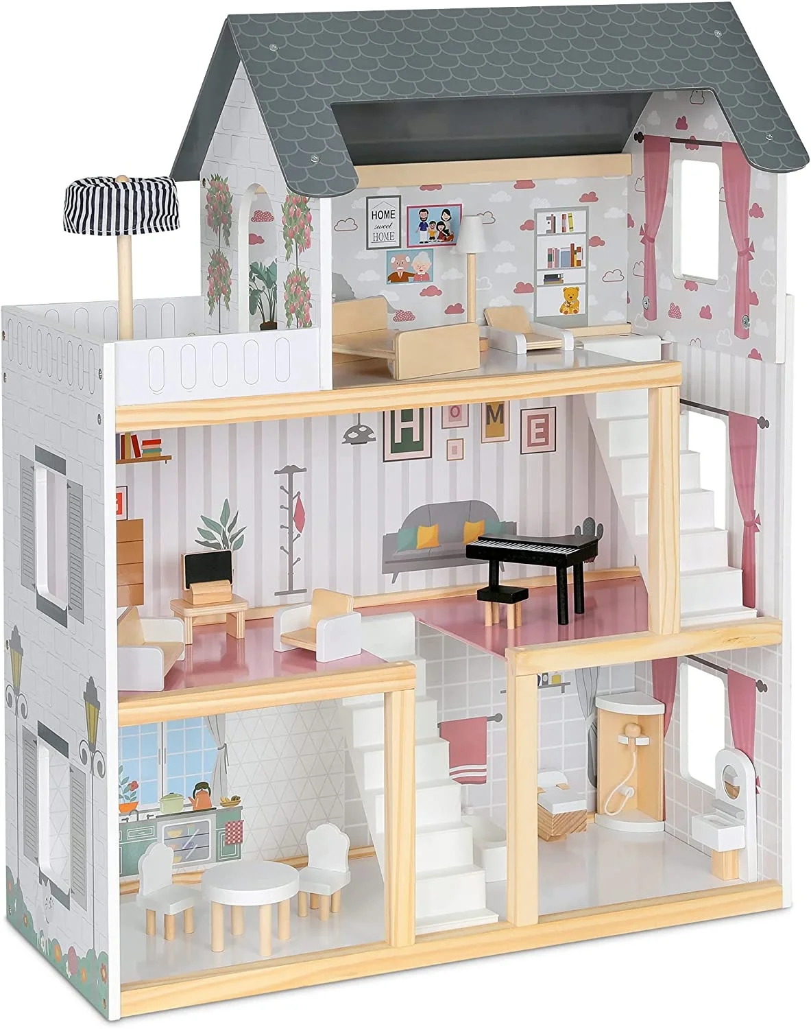 Jumbl Kids Wooden Dollhouse, 17-Piece Accessories & Furniture are Included, with Balcony & Stairs, 3 Story Easy to Assemble Doll House Toy