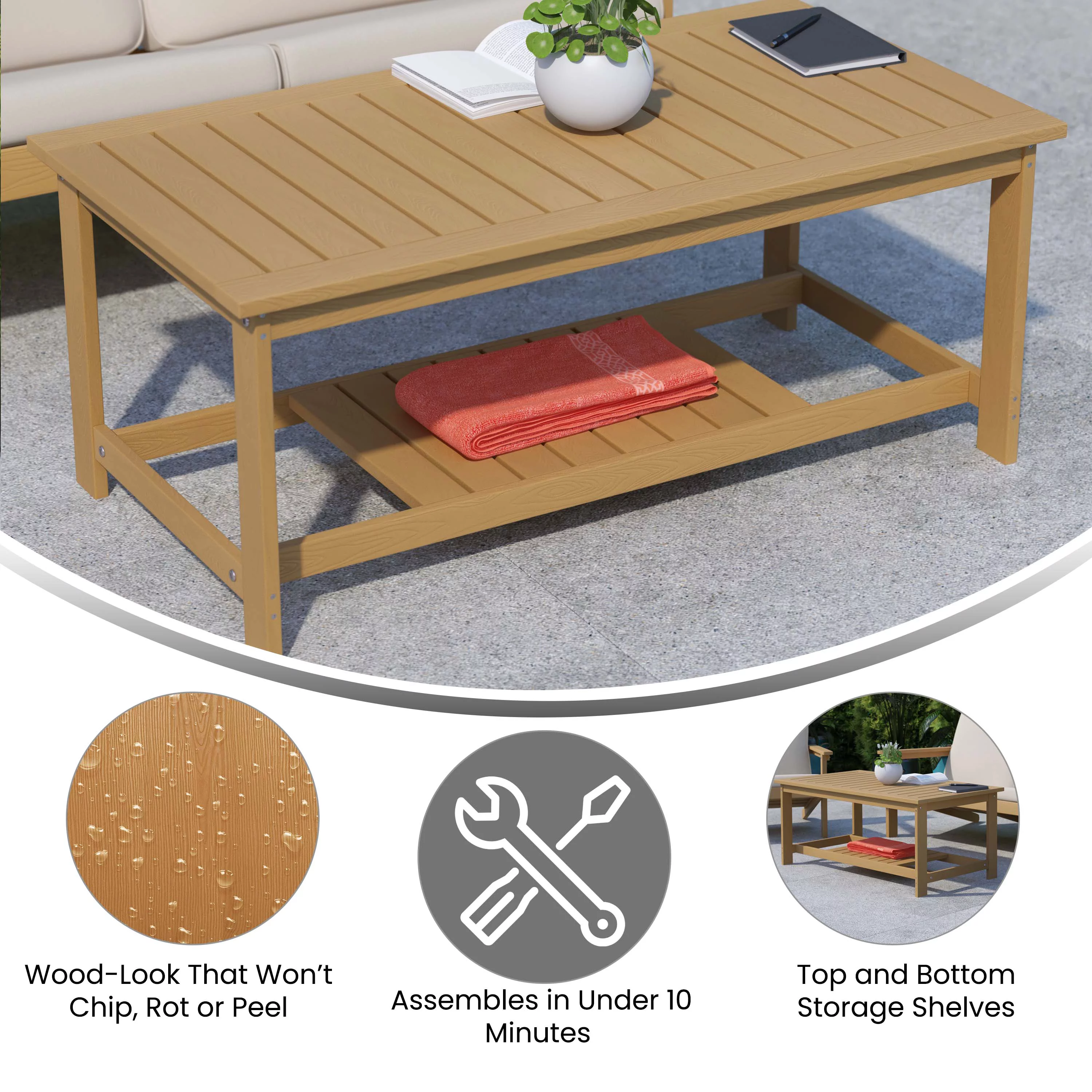 BizChair All-Weather Poly Resin Wood Two Tiered Commercial Grade Adirondack Slatted Coffee Conversation Table in Natural Cedar
