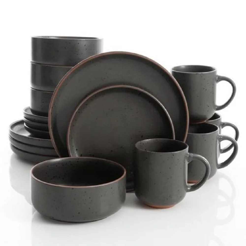 Gibson Elite 12723816R Black Sand 16-Piece Contemporary - Black - Dinnerware Set