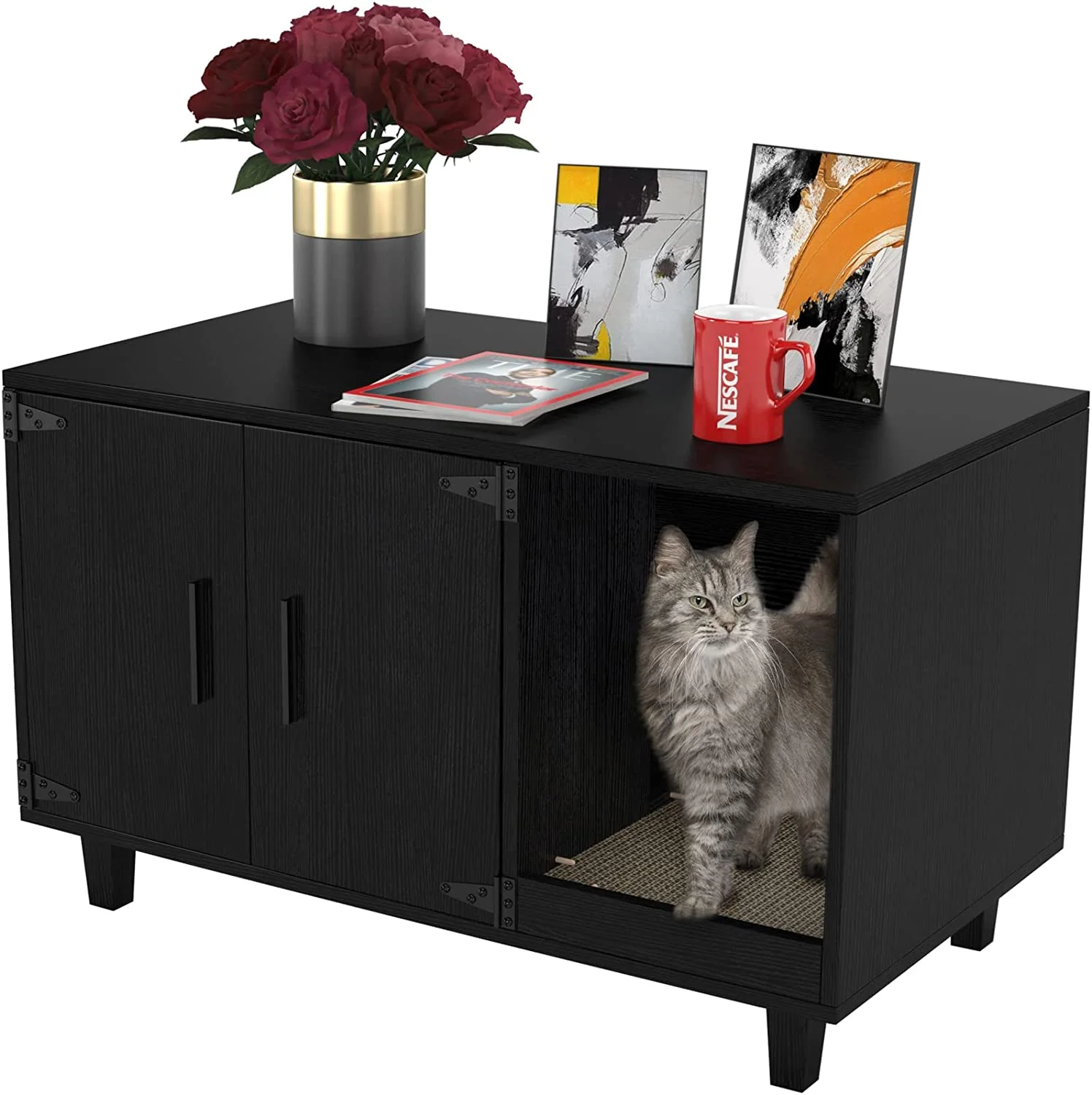 Modern Wood Pet Crate: Cat Washroom Hidden Litter Box Enclosure Furniture House, Nightstand with Scratch Pad, Stackable (Black)