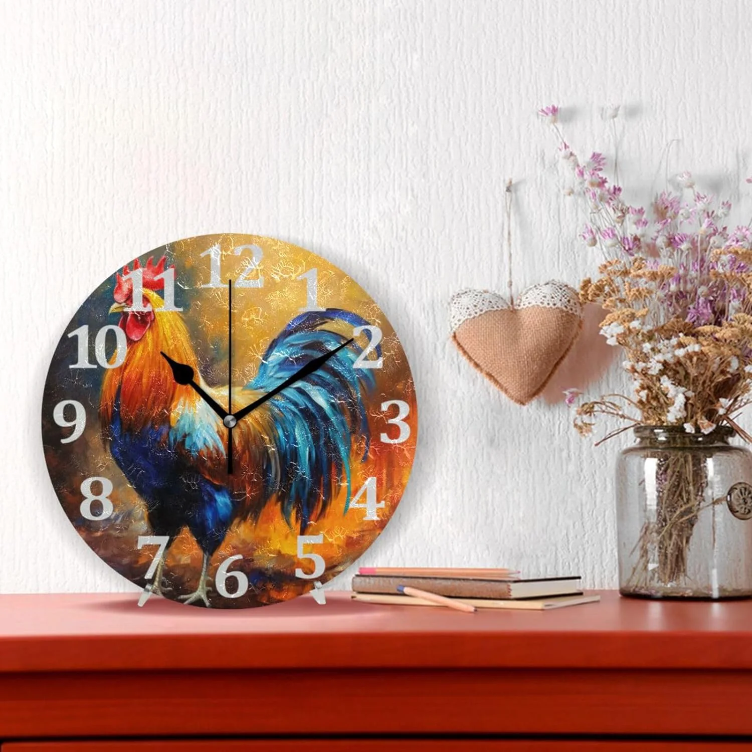 Rooster Wall Clock Round Vintage Silent Non Ticking Battery Operated Accurate Arabic Numerals Design for Home Kitchen Living Room Bedroom 10 Inch Home Decor