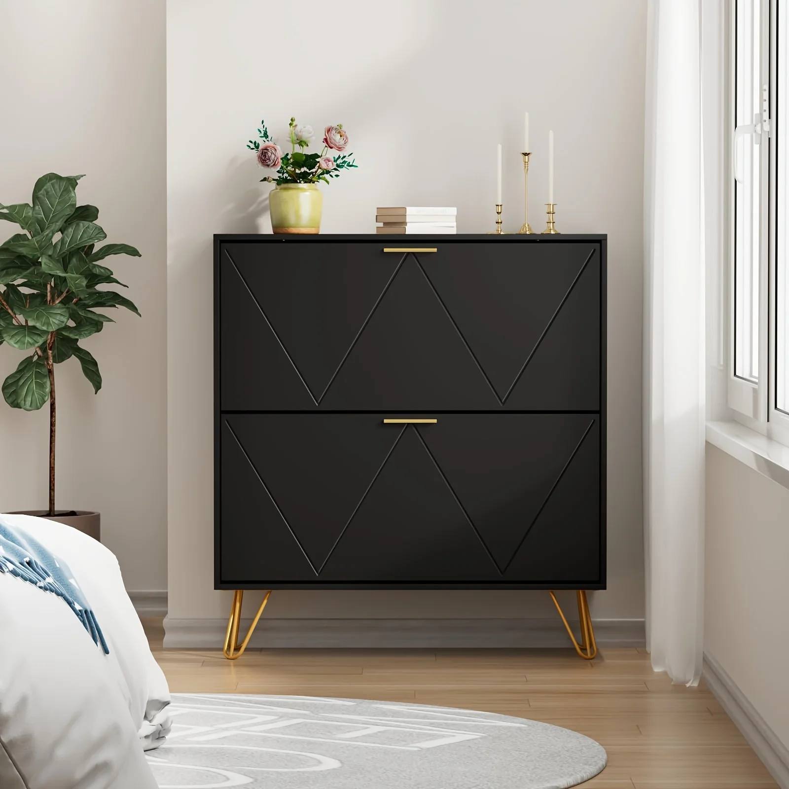 Shoe Cabinet for Entryway Slim, Shoe Storage Cabinet with 2 Flip Drawers, Narrow Shoe Rack Cabinet, Freestanding Shoe Cabinet Organizer with Metal Handle and Legs for Entryway, Hallway