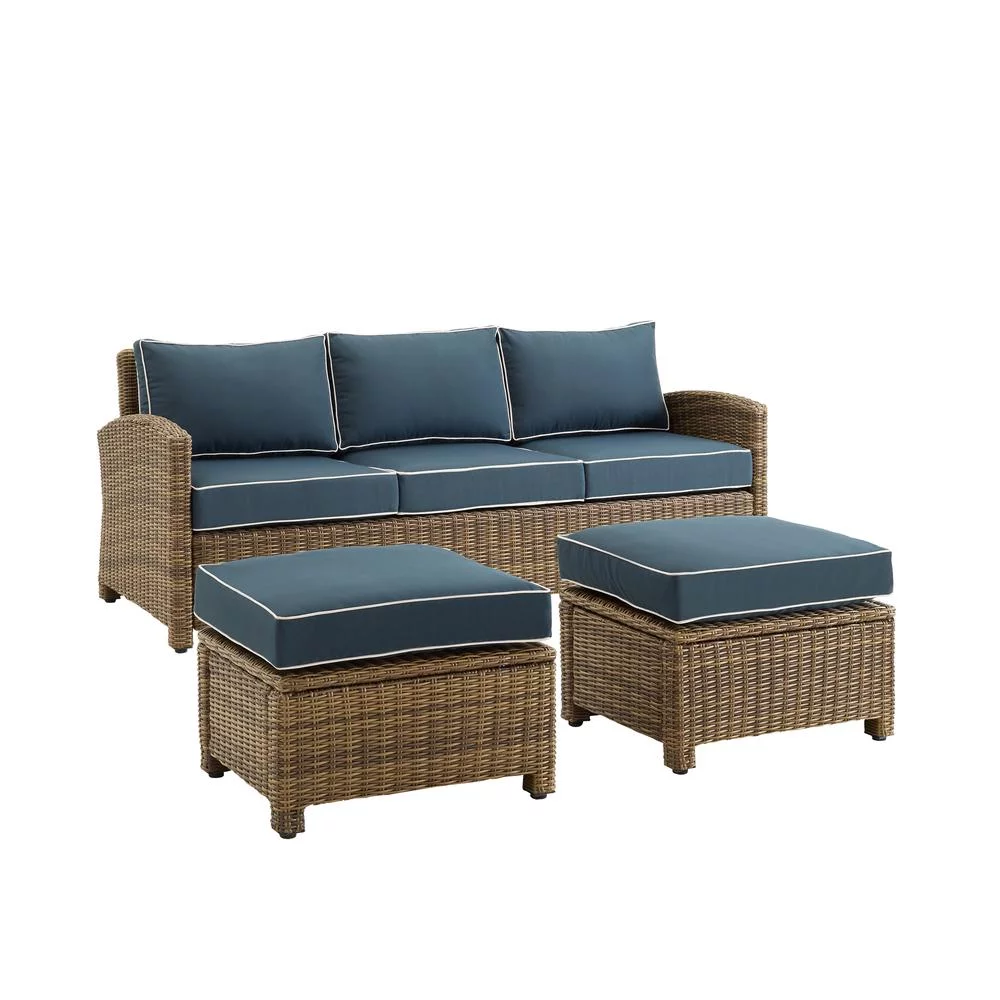 Crosley Furniture Bradenton 3PC Wicker / Rattan Outdoor Sofa Set in Navy/Brown