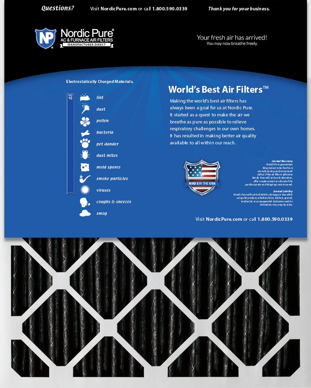 Nordic Pure 14x20x2 Pleated Air Filters MERV 12 Pleated Plus Carbon 12 Pack