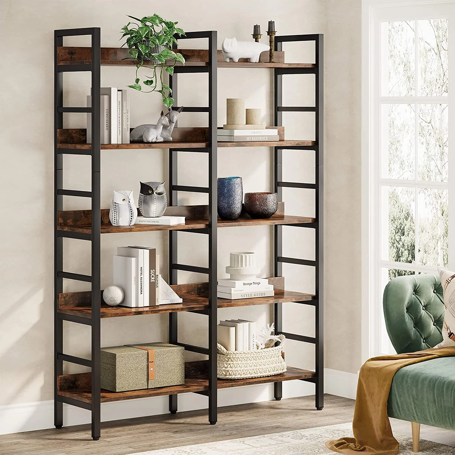 HOOMHIBIU 5-Tier Industrial Bookshelf  71\u201DH x 47\u201DW Etagere Bookcase  Freestanding Double Wide Book  for  and Display  Wood and Metal Bookshelves for Living Room Home Office  Rus