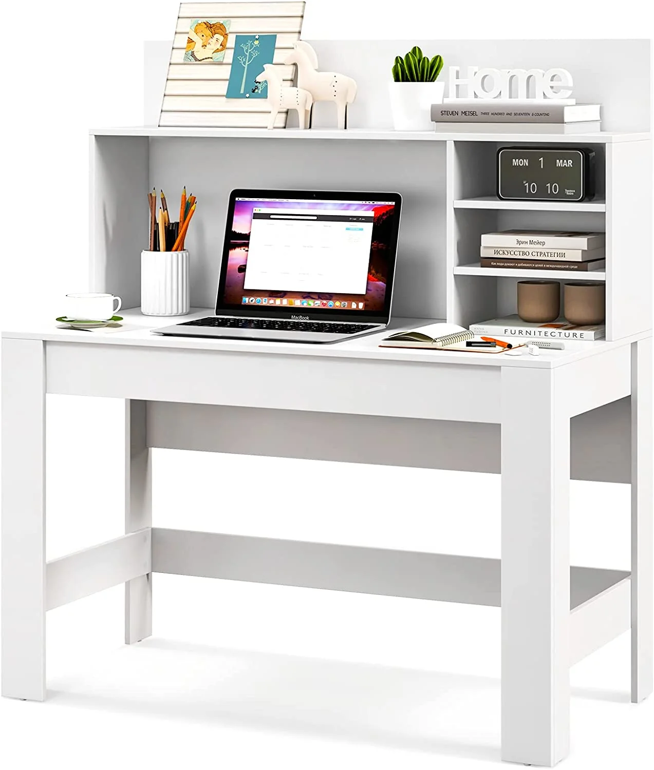 White Desk with Hutch, Home Office Desk with Bookshelf, Writing Study Desk with Anti-Toppling Device & Cable Hole, Modern Computer Workstation PC Laptop Desk for Small Space, Bedroom