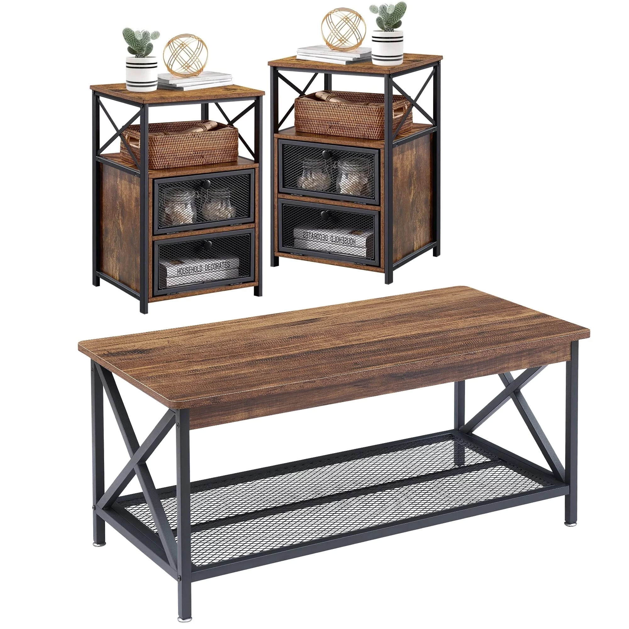 Industrial Coffee Table Set of 3, Rustic Brown Sofa Table and Nightstands Set of 2 Black