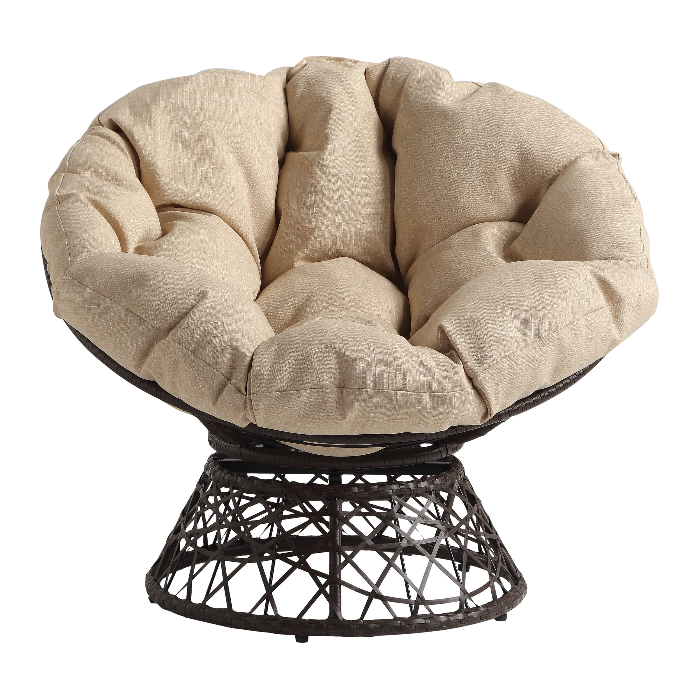 OSP Home Furnishings Papasan Chair with Cream Round Pillow Cushion and Brown Wicker Weave