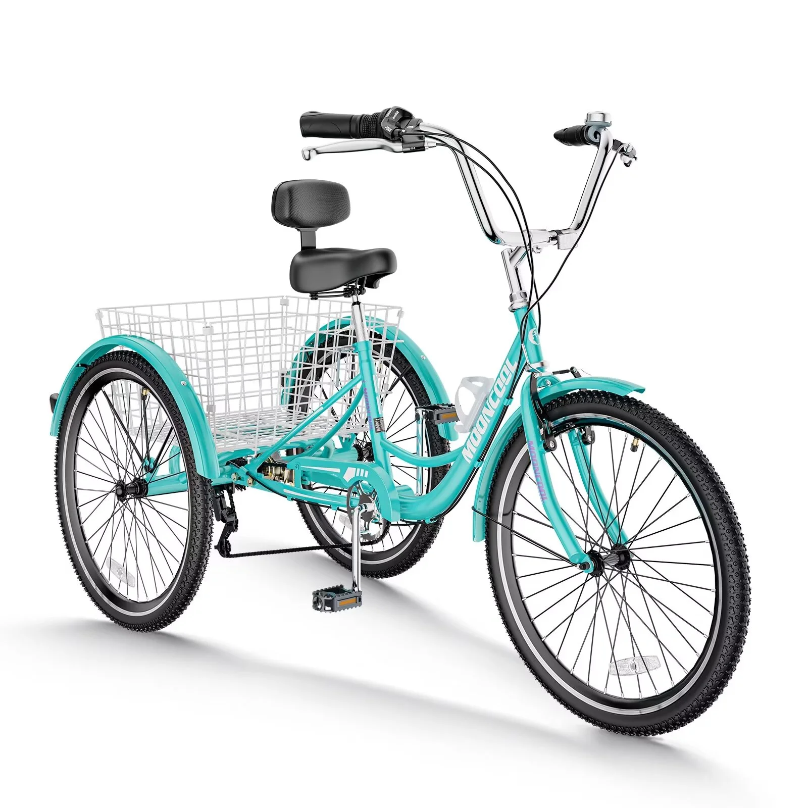MOPHOTO 20''/24''/26'' Tricycle for Adults, 7 Speed 3-Wheel Bike, Comfort Cruiser Trike, Cyan Tricycle with Big Basket