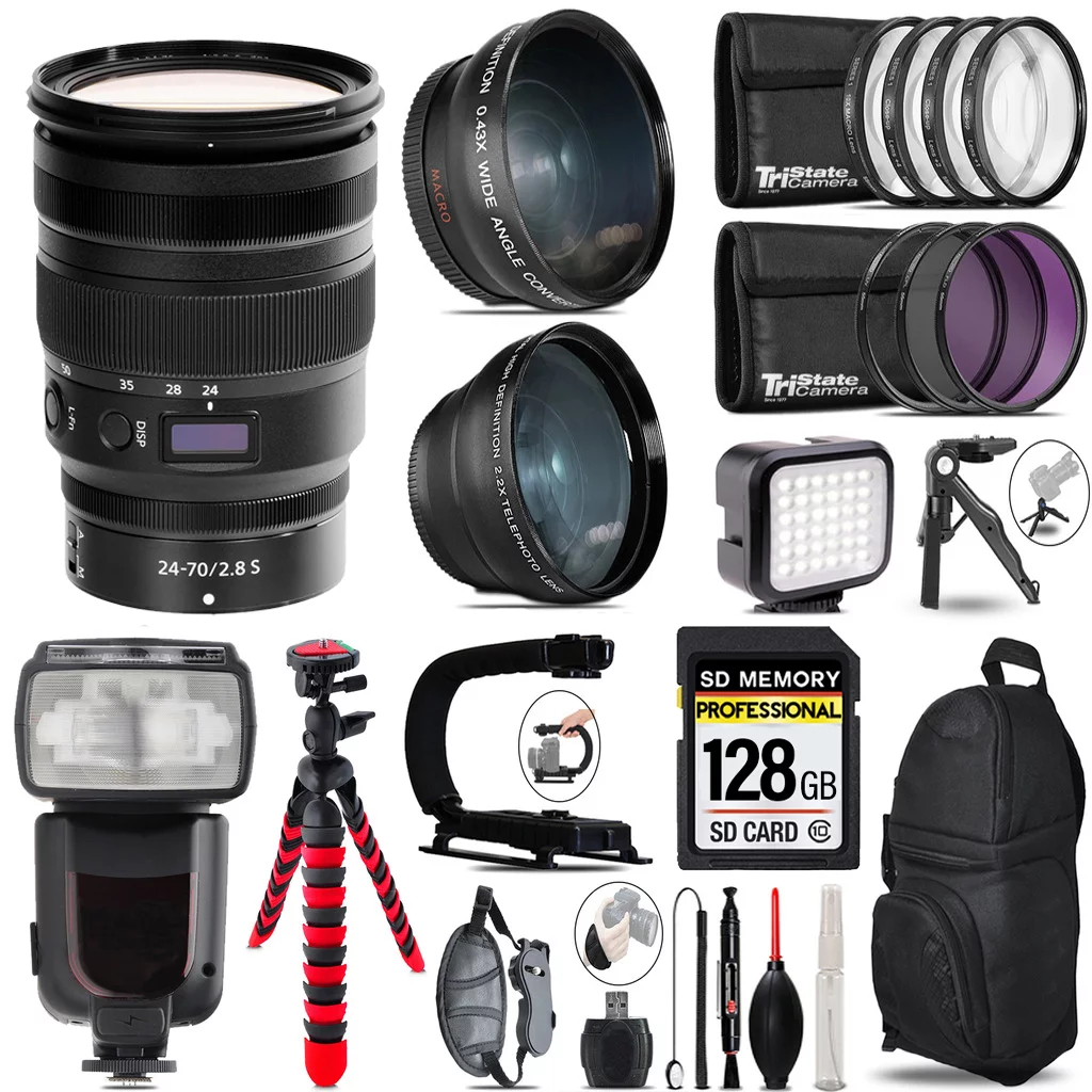 Nikon NIKKOR Z 24-70mm f/2.8 S Lens+ Pro Flash + LED Light + Tripod - 128GB Accessory Bundle