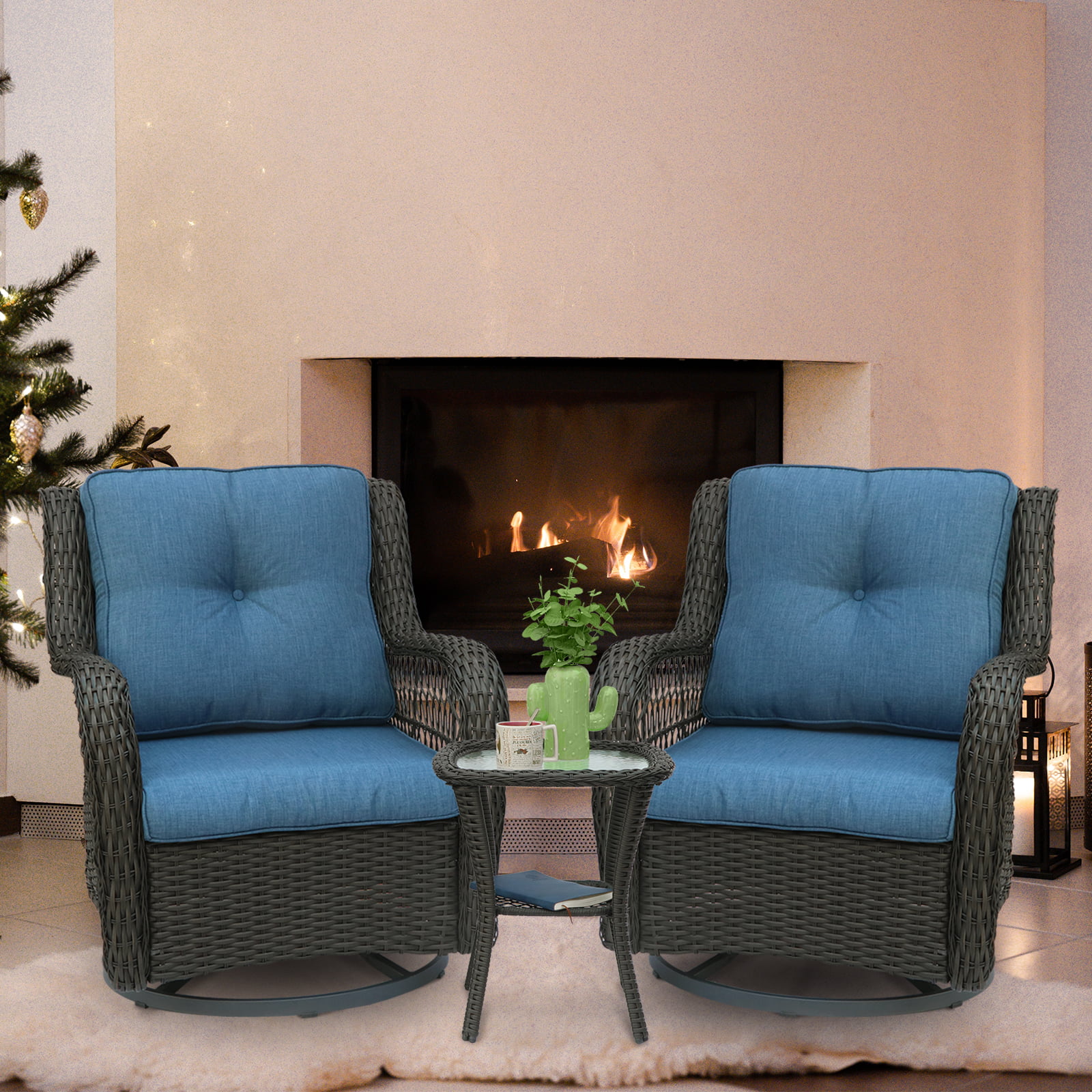 EURO SAKURA 3 PCS Outdoor Wicker Swivel Rocker Patio Set,360 Degree Swivel Rocking Rattan Chairs Patio Wicker Bistro Sets