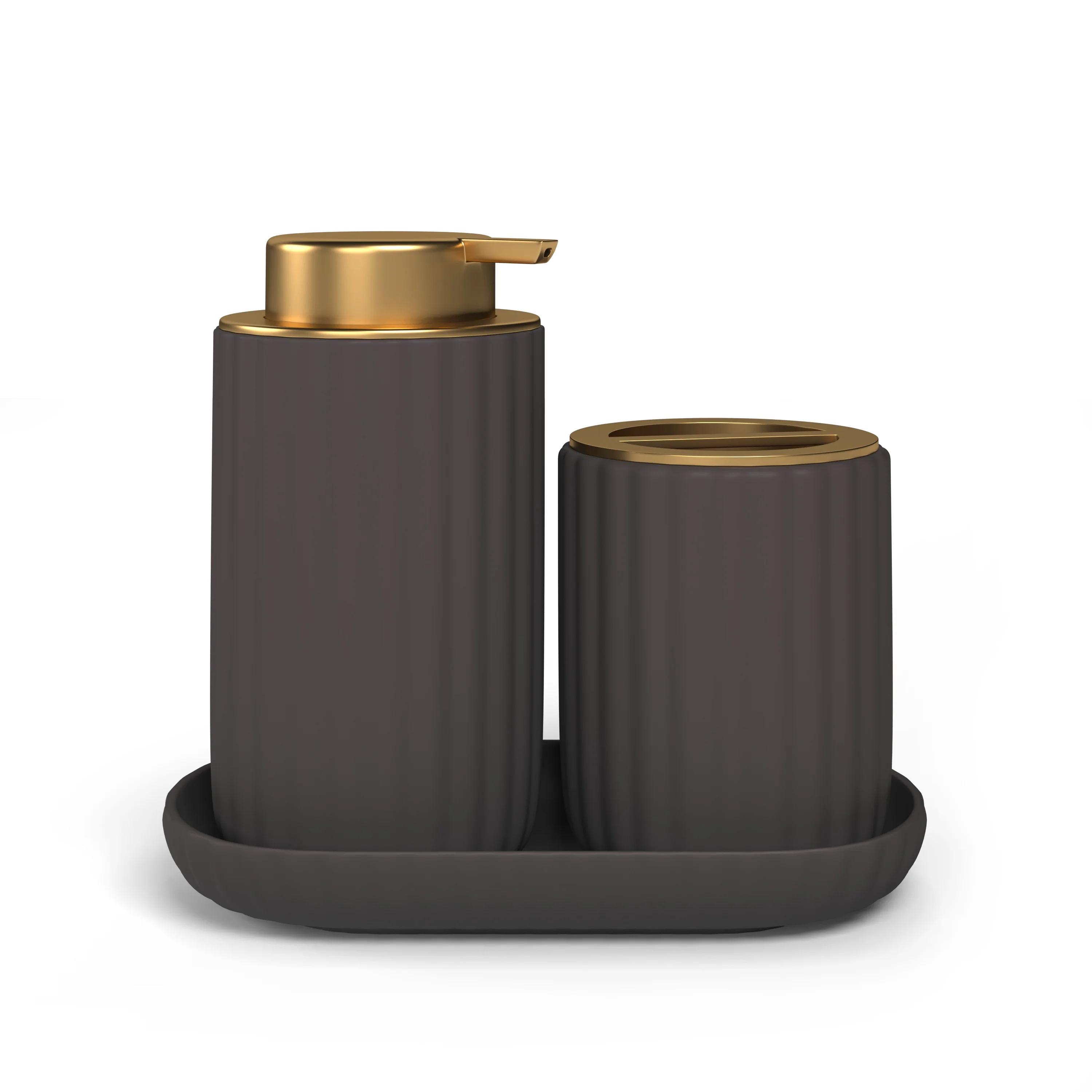 Beautiful Fluted Stoneware Bath Accessories 3-Piece Set by Drew Barrymore, Charcoal Gray