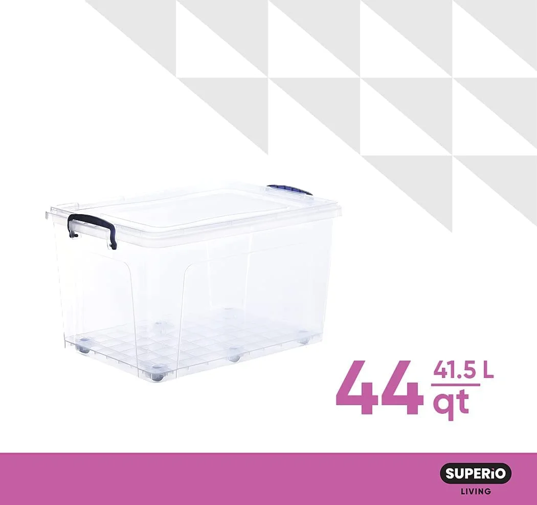 Superio Storage Containers With Wheels (3 Pack), Stackable Large Storage Containers With Lids, Durable Latches (44 Quart)