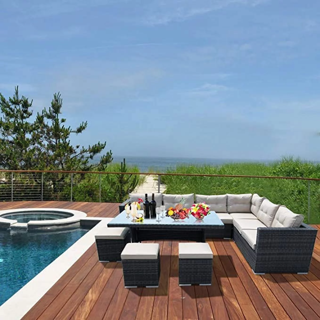 Furniture One 9 Seater Patio Conversation Set, RUST FREE ALUMINIUM FRAME - FULLY ASSEMBLED Outdoor Sectional Sofa Rattan Wicker Dining Furniture, Brown