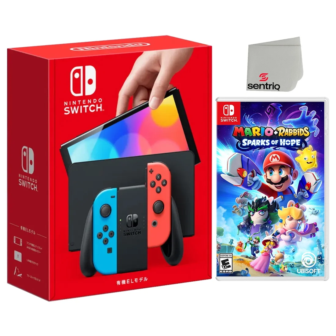 Nintendo Switch OLED Neon Red/Blue Edition + Mario + Rabbids Sparks of Hope + Sentriq Screen Cleaner