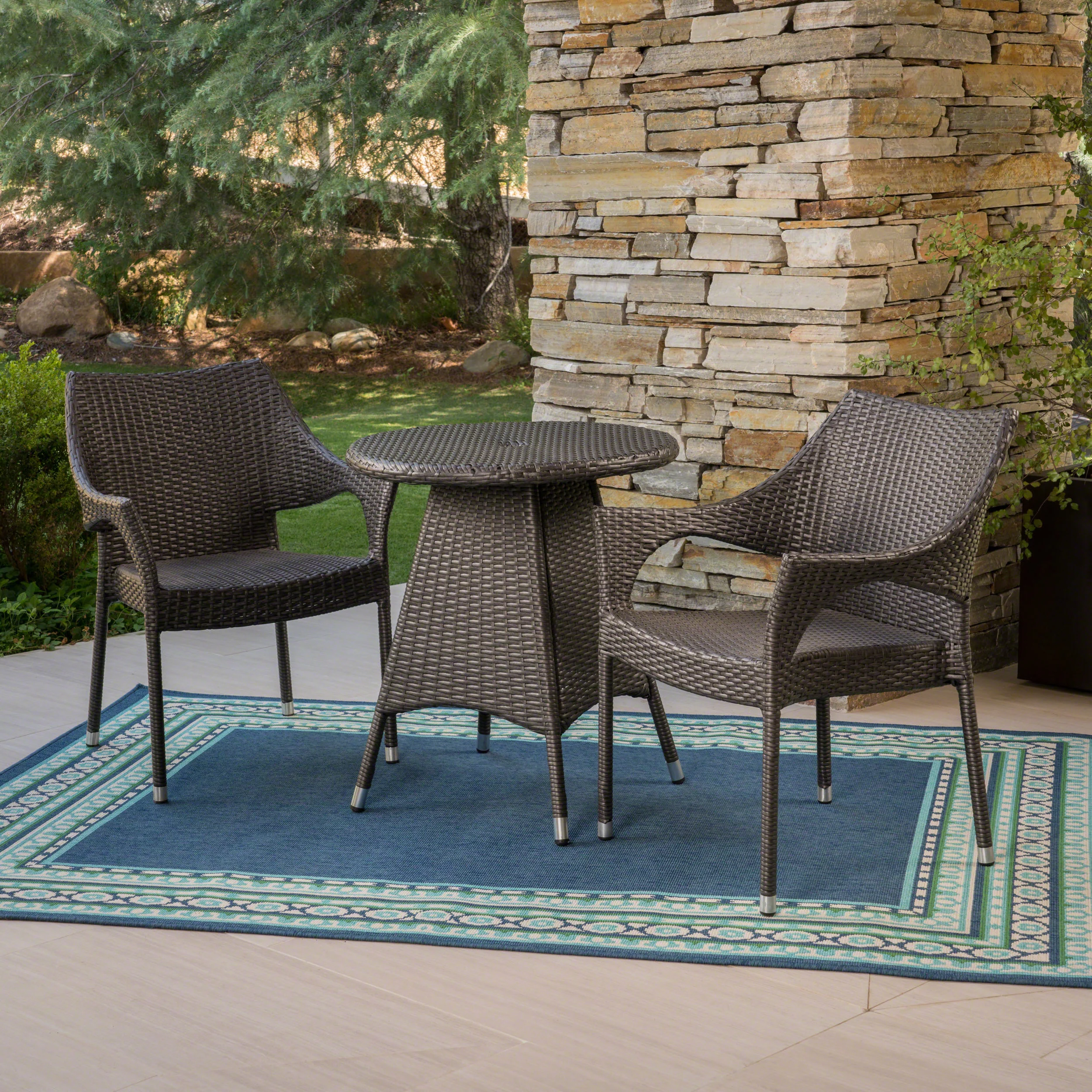 Reeves Outdoor 3 Piece Wicker Bistro Set, Grey