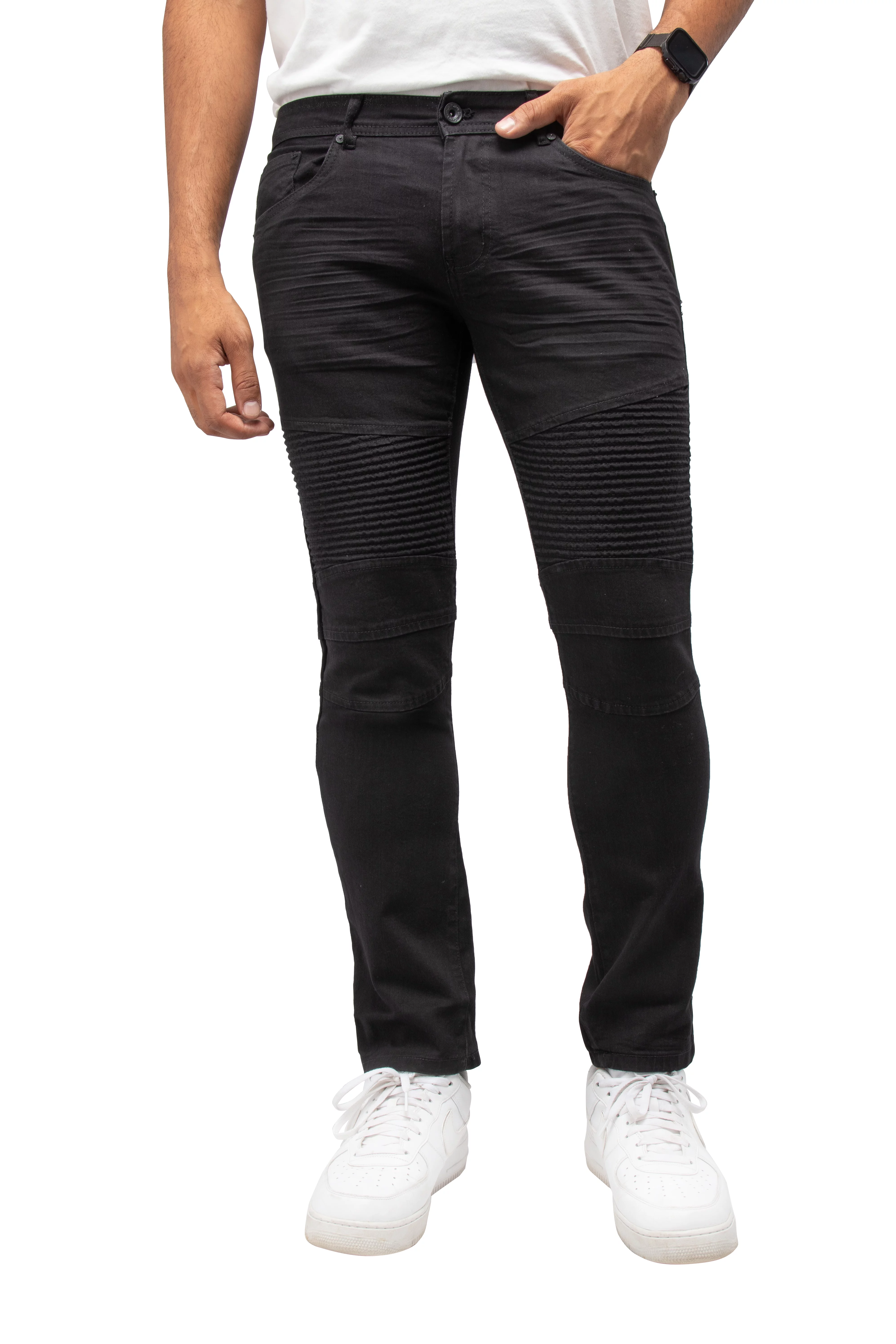 RAW X Men's Slim Fit Biker Jean, Comfy Flex Stretch Moto Wash Rip Distressed Denim Jeans Pants, Jet Black - 91208, 34W X 32L