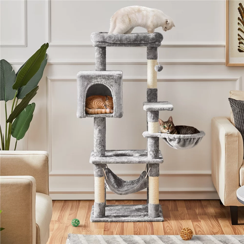 Topeakmart 52in Multilevel Cat Tree Condo Scratching Posts with Basket Hammock, Light Gray