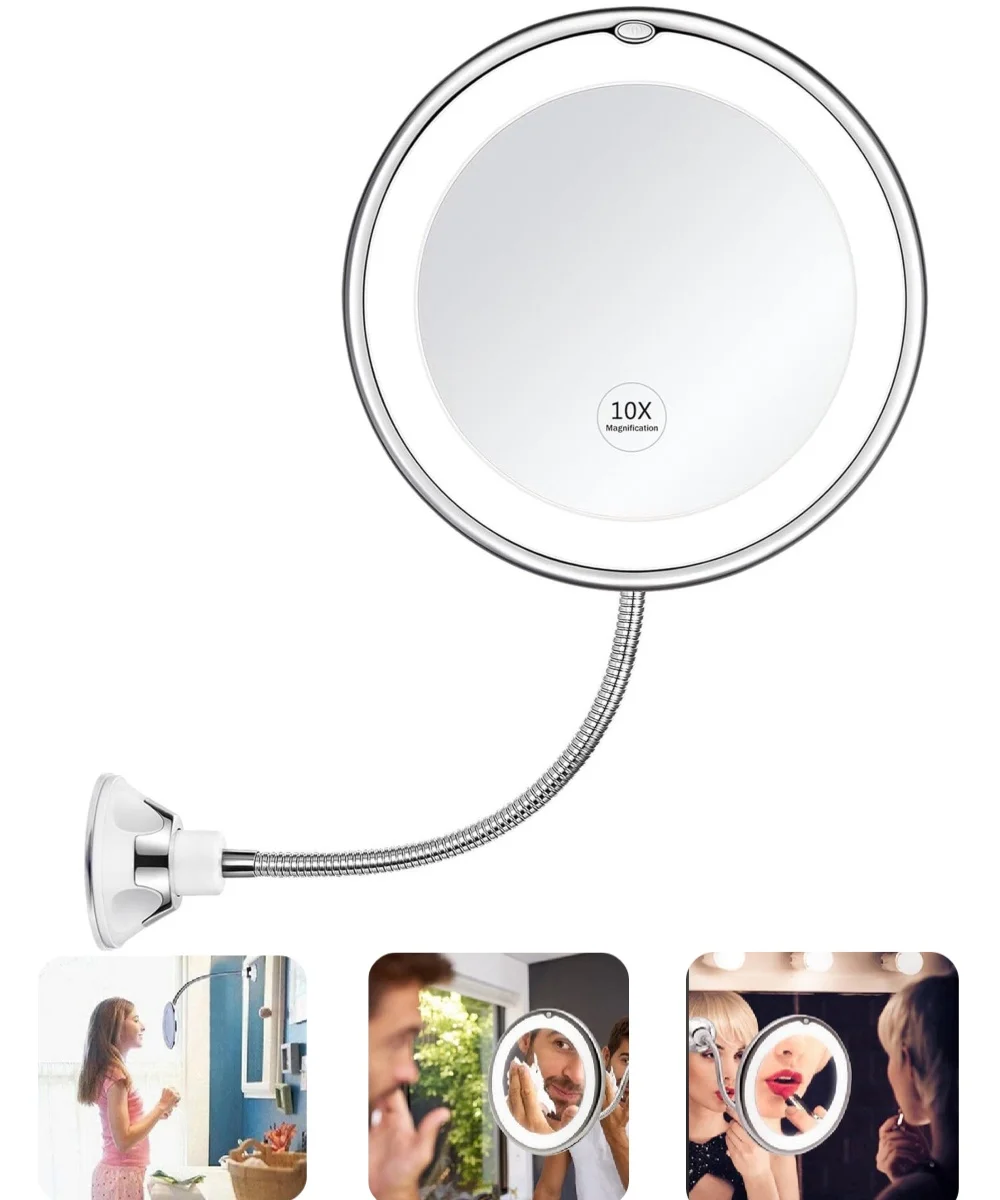 PandaTop Led 10X Magnifying Makeup Mirror Lighted, Vanity Bathroom Round Mirror with Suction Cup and 360 Degree Swivel, Flexible Lighted Makeup Mirror,White