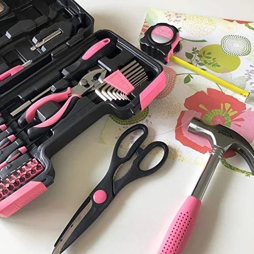 APOLLO TOOLS Original 39 Piece General Household Tool set in Toolbox Storage Case with Essential Hand Tools for Everyday Home Repairs, DIY and Crafts Pink/Black - Pink Ribbon- DT9706P