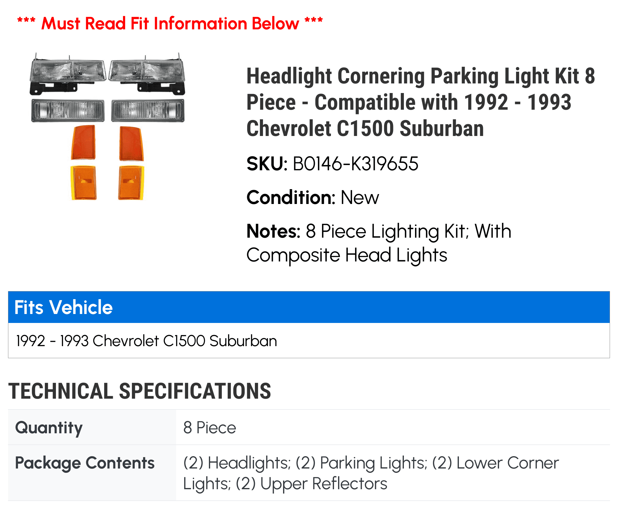 Headlight Cornering Parking Light Kit 8 Piece - Compatible with 1992 - 1993 Chevy C1500 Suburban