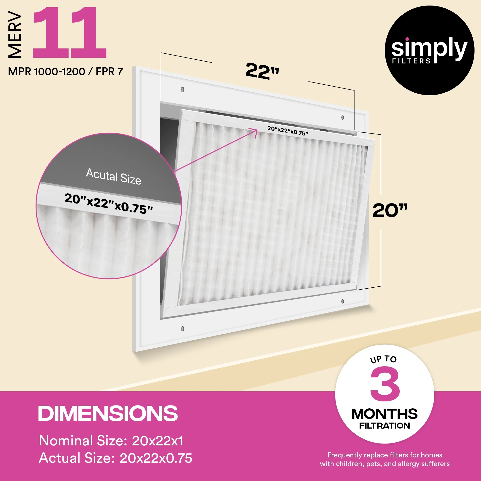 Simply Filters 20x22x1 MERV 11, MPR 1000, Air Filter - Actual Size: 19.75