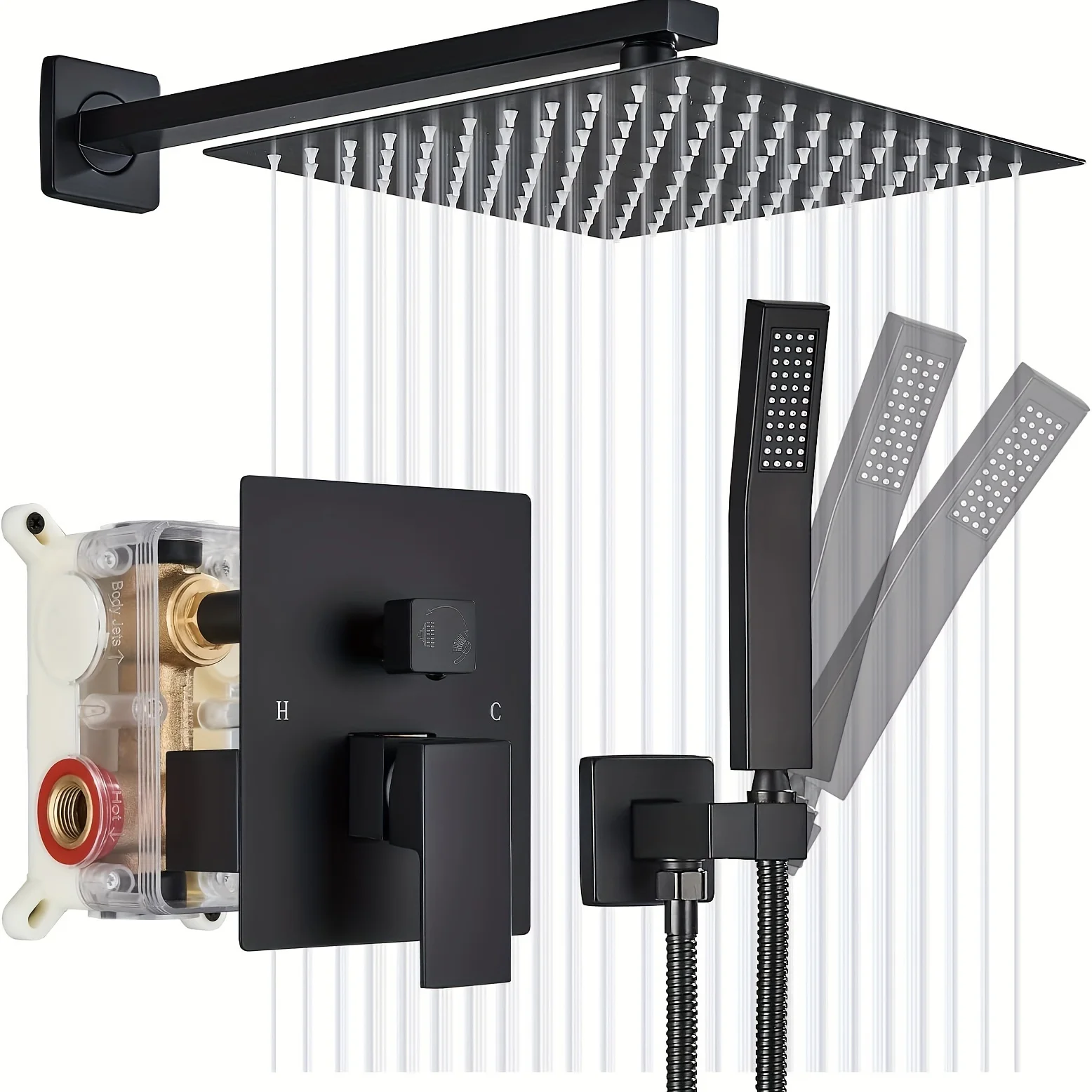 Luxurious 1set High Pressure Square Rain Shower System with Handheld Sprayer  12 Inch Head  Wall Mounted Faucet Set  Matte Black/Brushed Nickel Finish - Includes Rough-in Valve Body  Trim
