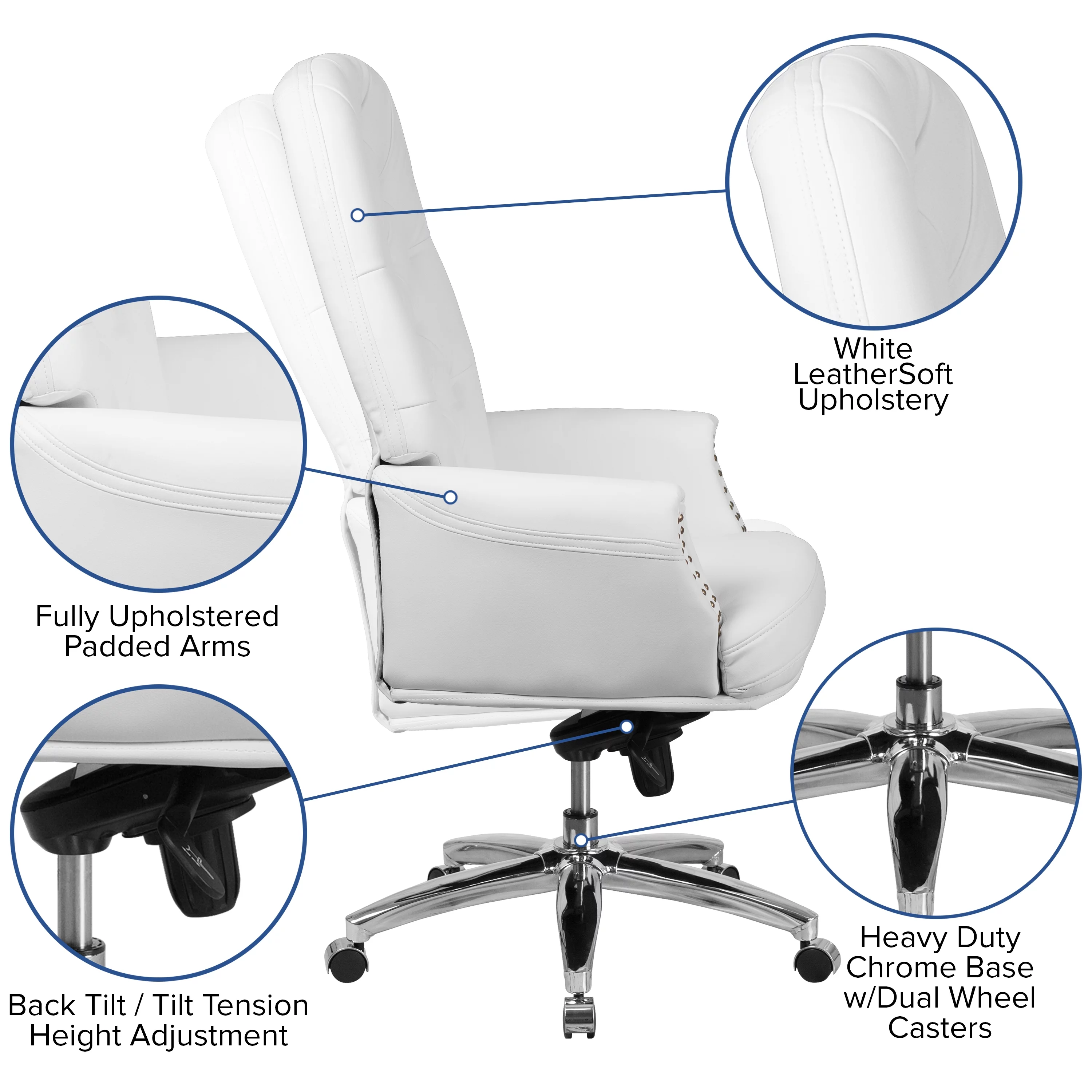 Flash Furniture Hansel High Back Traditional Tufted White LeatherSoft Multifunction Executive Swivel Ergonomic Office Chair with Arms