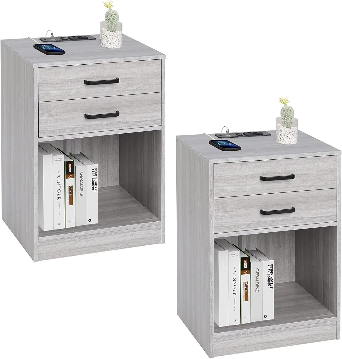 Grey Nightstand Set of 2 with 2 Drawers for Bedroom, End Table Side Stand Cabinet with Charging Station for Living Room