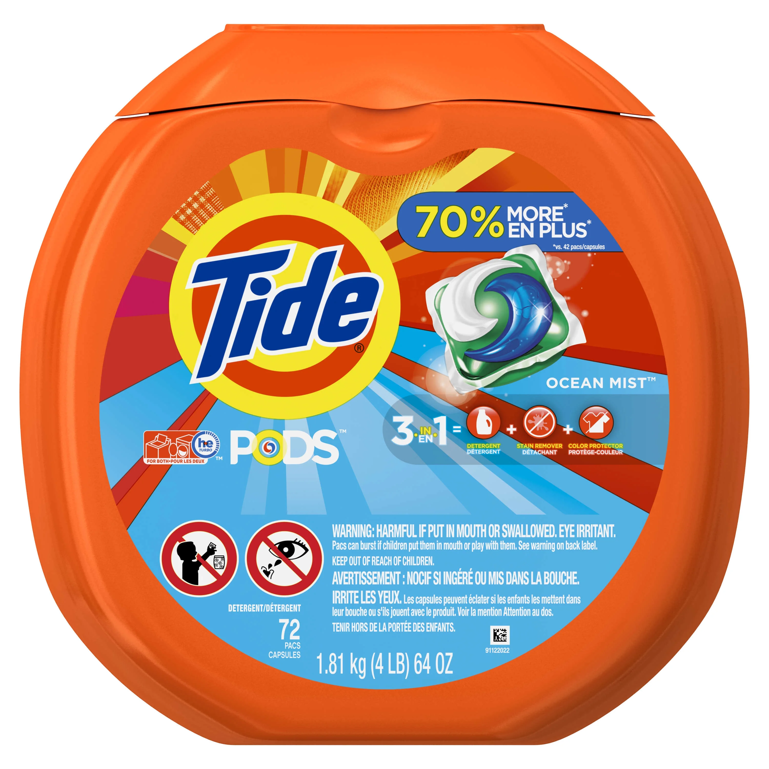Tide PODS Liquid Laundry Detergent Pacs, Ocean Mist, 72 loads