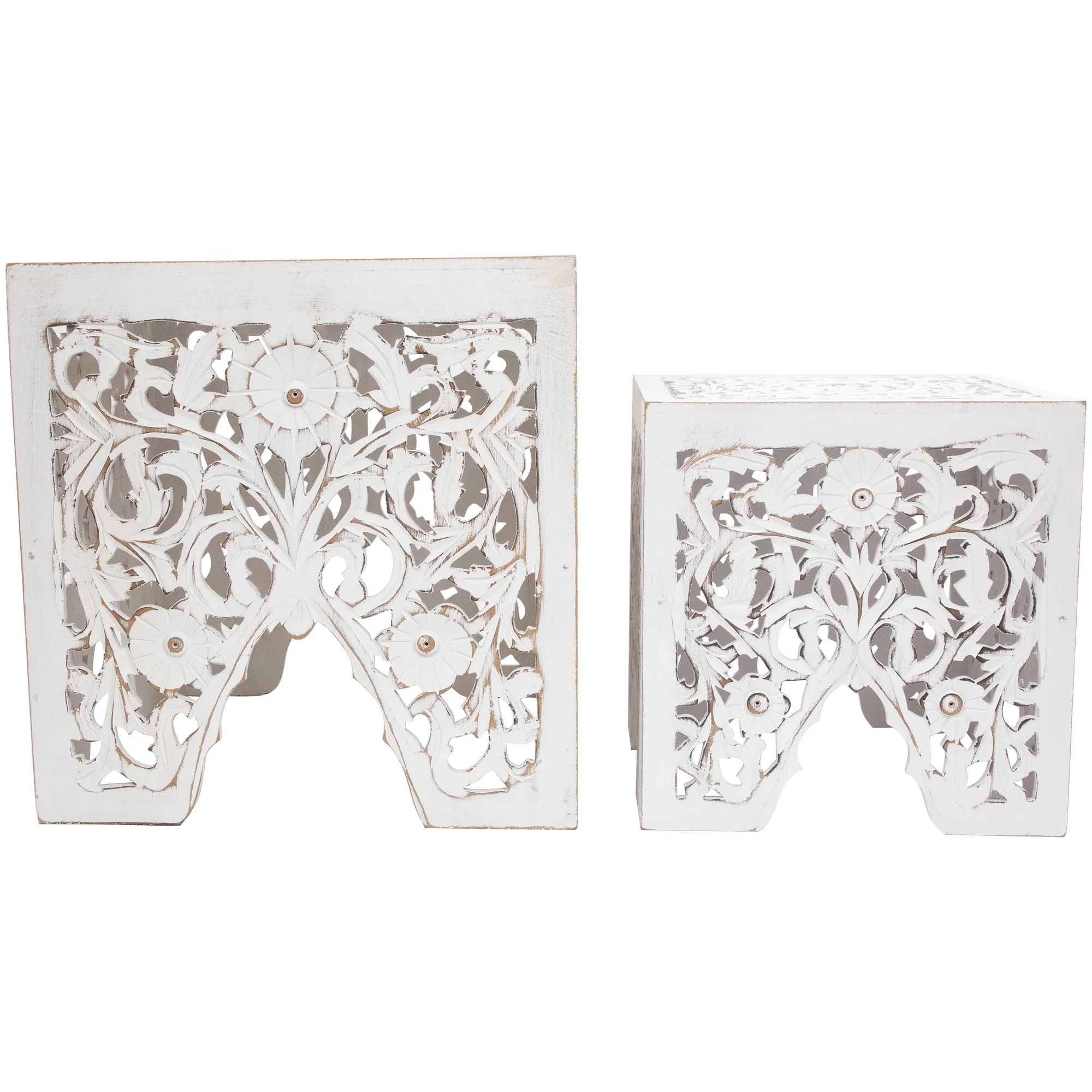 Set of 2 Antique White Square Stackable Nesting Side Table and Stool 16