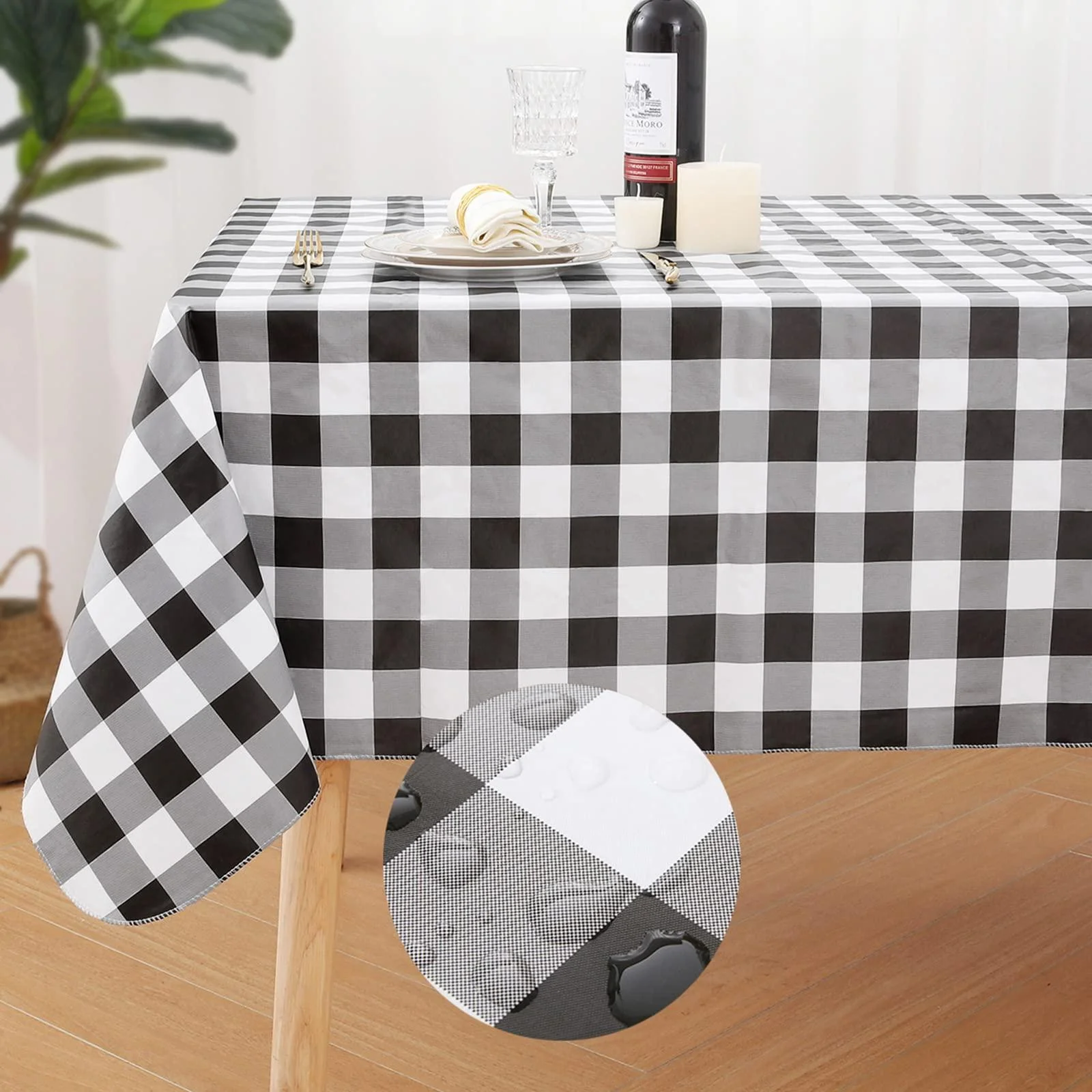 decorUhome Rectangle Tablecloth, Waterproof Vinyl Flannel Backed Table Cloth, Buffalo Wipeable Plastic Table Cover for Kitchen and Outdoor, Black and White, 60