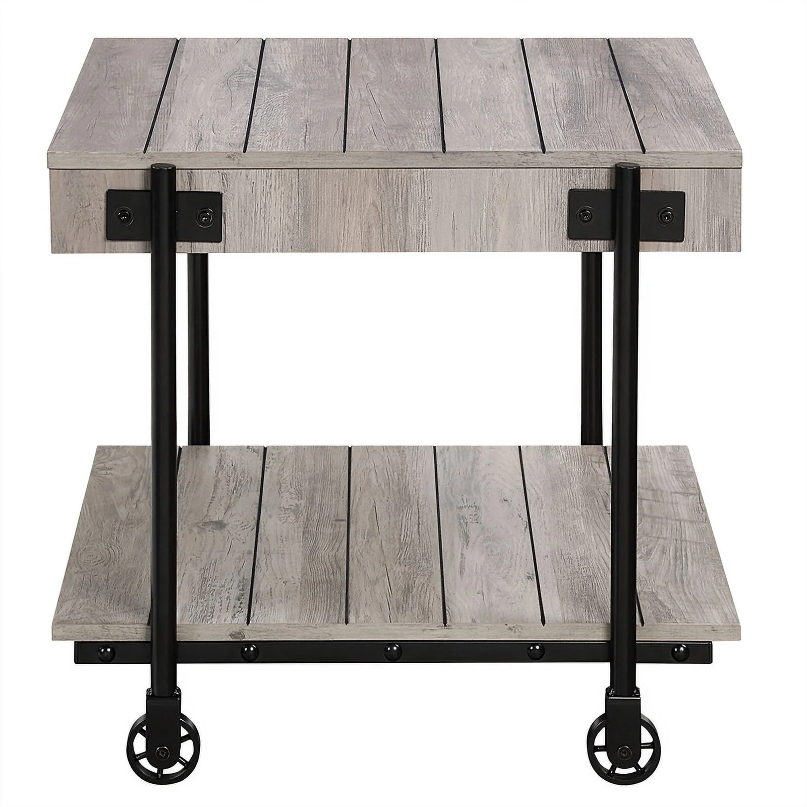 Bowery Hill Modern Wood Natural End Table with Metal Black Wheels