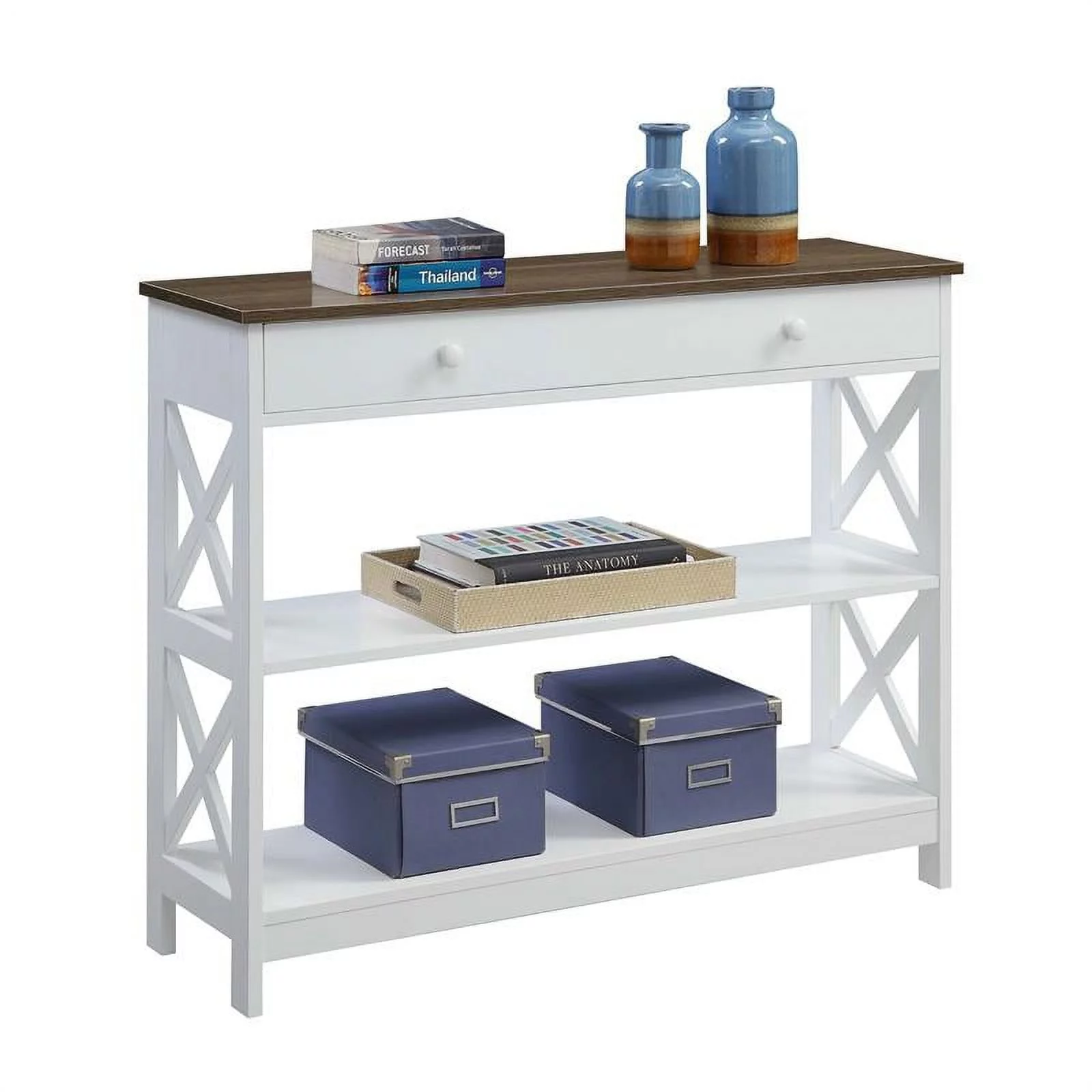 Pemberly Row Transitional Driftwood One-Drawer Console Table in White Wood
