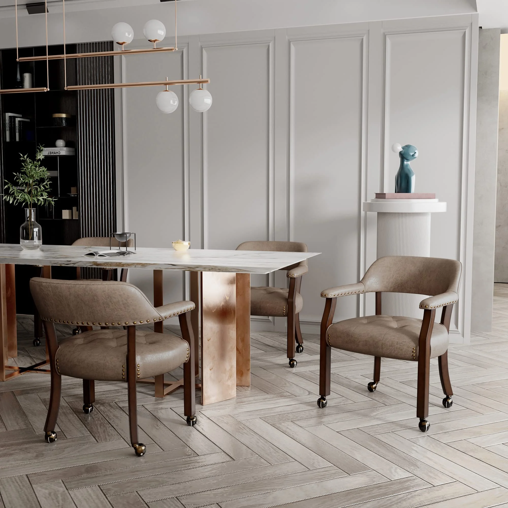 JESONVID Dining Chair with Casters Set of 2, Captain's Chair with Caster Dining Room Chairs with Rollers Curving Backrest Dinette Sets Poker Chair with Wheels Kitchen Table Rolling Chairs,Light Wheat