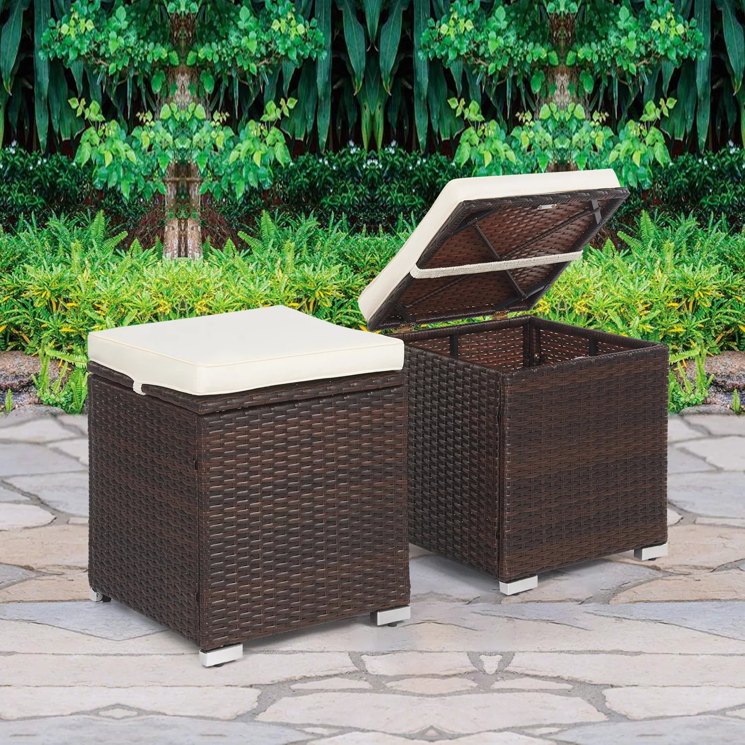 YRLLENSDAN Wicker Ottomans Seat Set of 2 Patio All Weather Rattan Ottomans Outdoor Footstool Footrest Seat Additional Seating Side Table with Storage,Removable Cushion for Patio Garden Poolside,Khaki