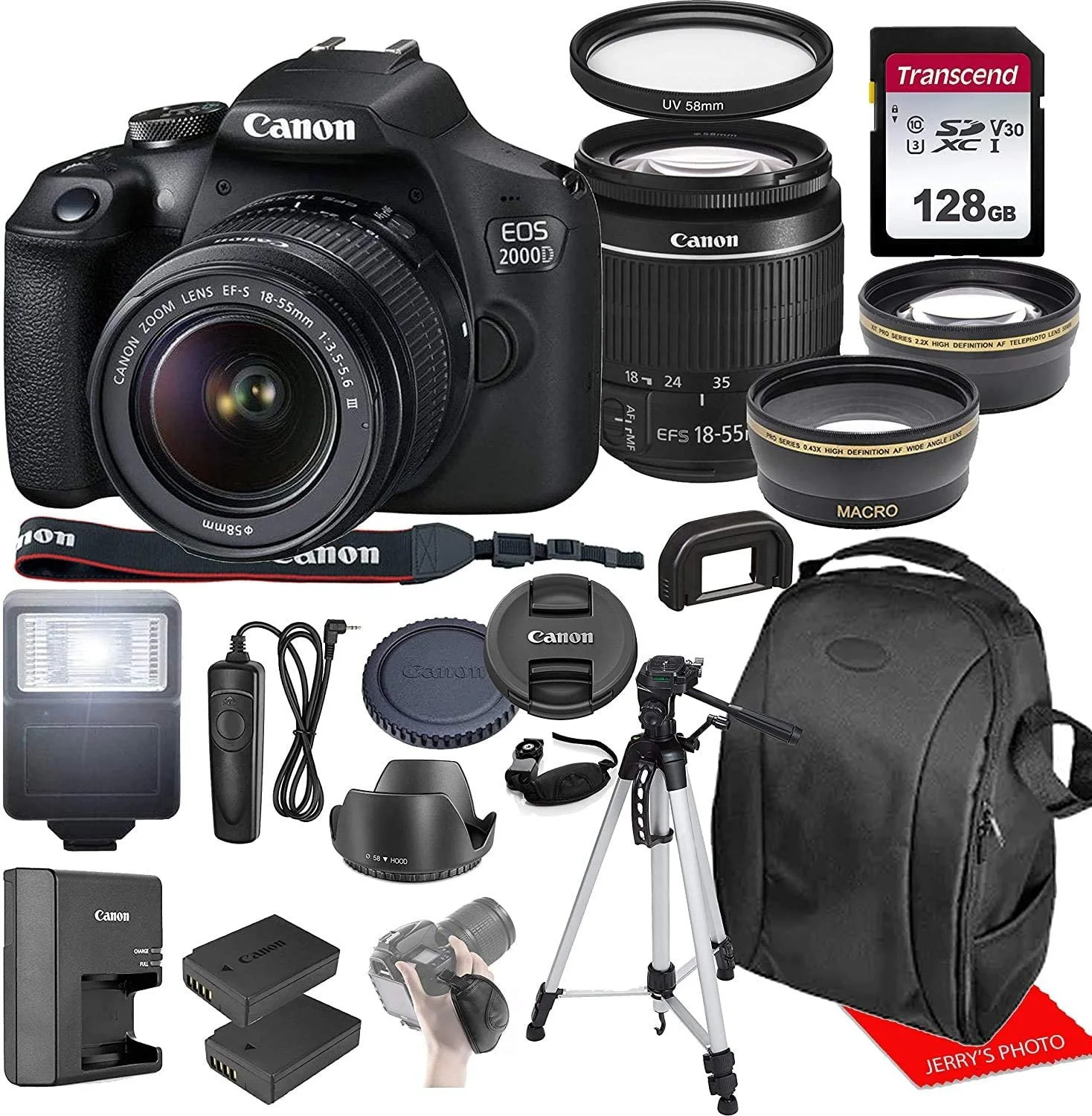 Canon EOS 2000D / Rebel T7 w/Canon EF-S 18-55mm F/3.5-5.6 III Zoom Lens Bundle + 128GB Memory Card & Case & Spare Battery + More
